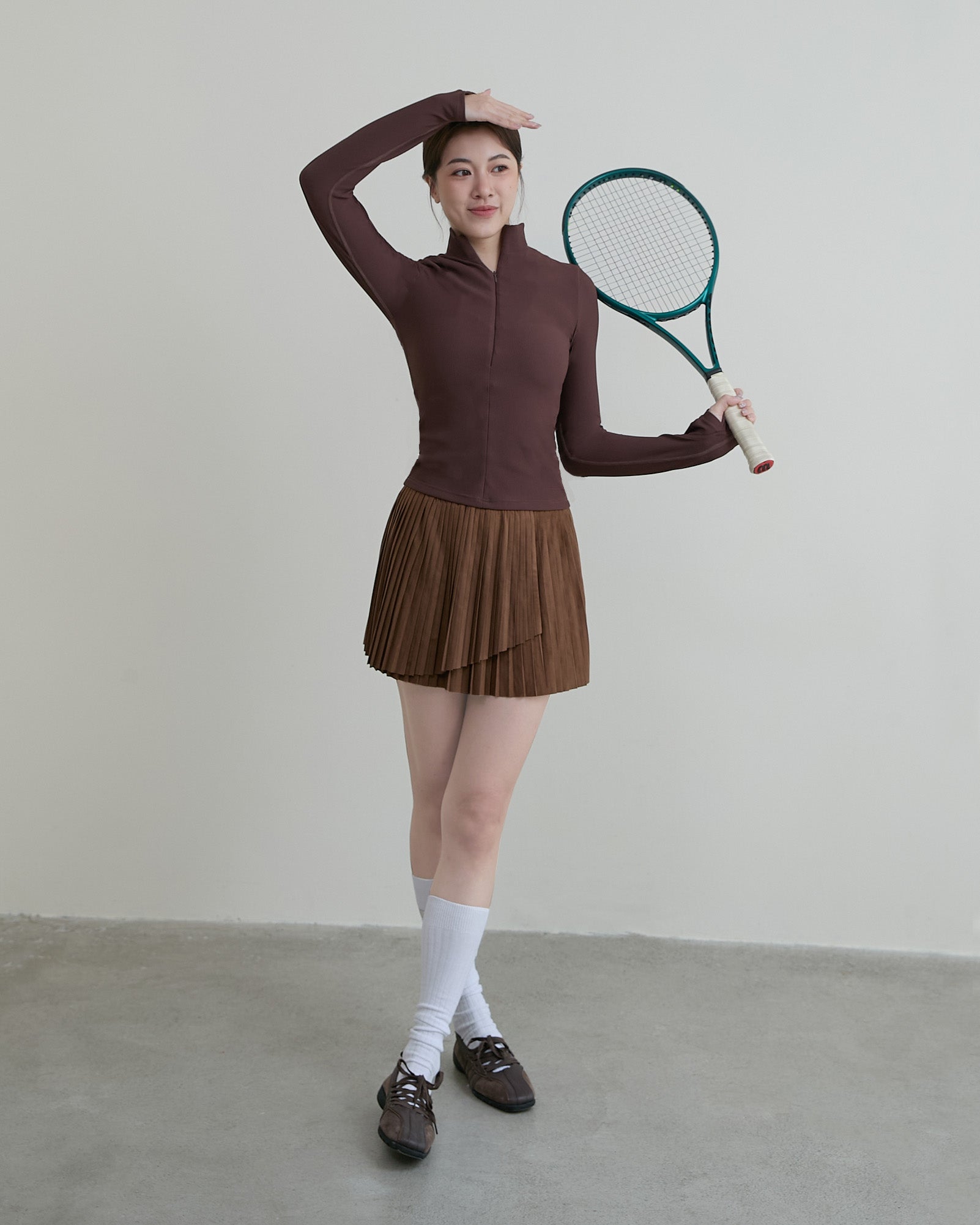 半拉鍊坑條長袖Bra Top