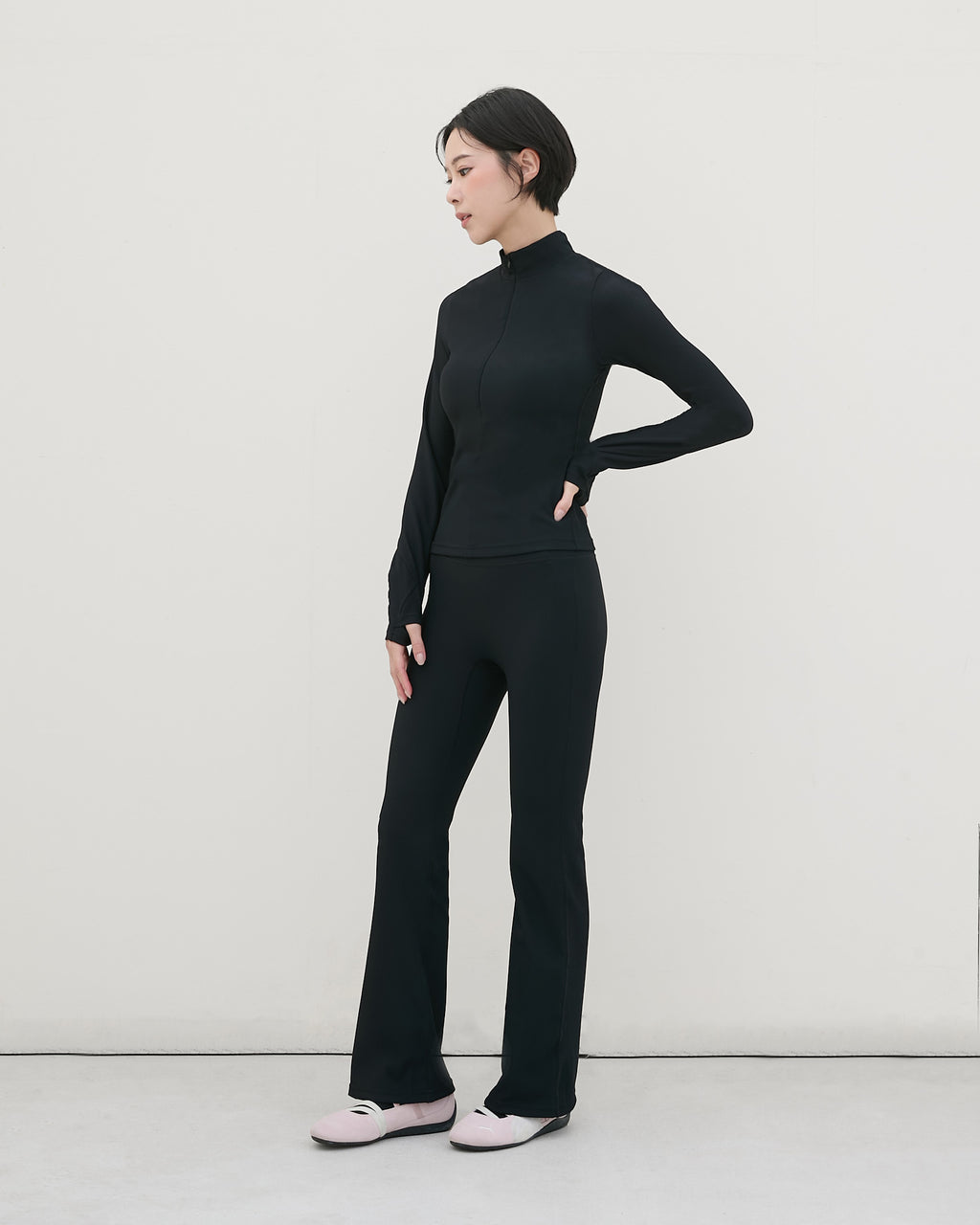 半拉鍊坑條長袖Bra Top