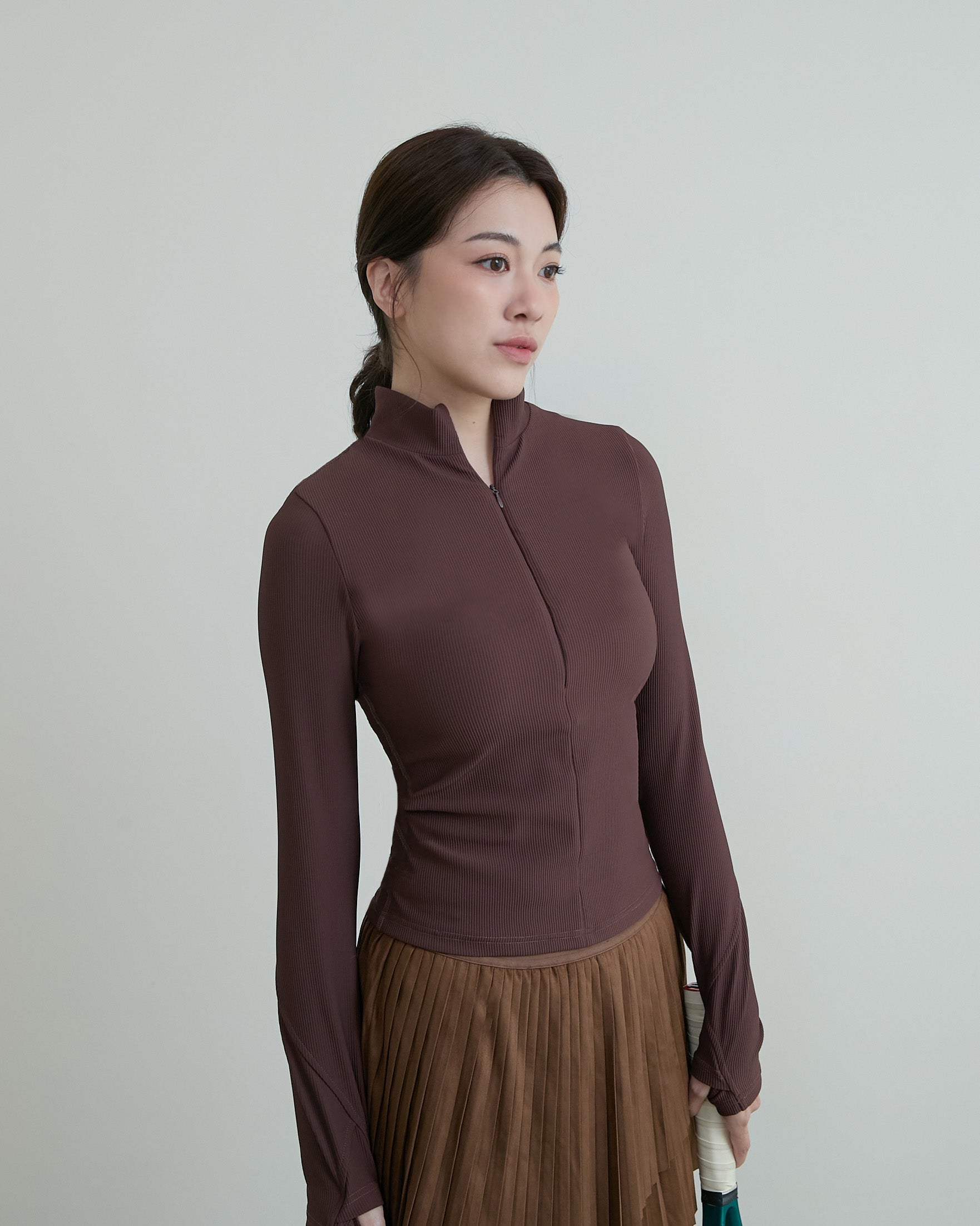 半拉鍊坑條長袖Bra Top