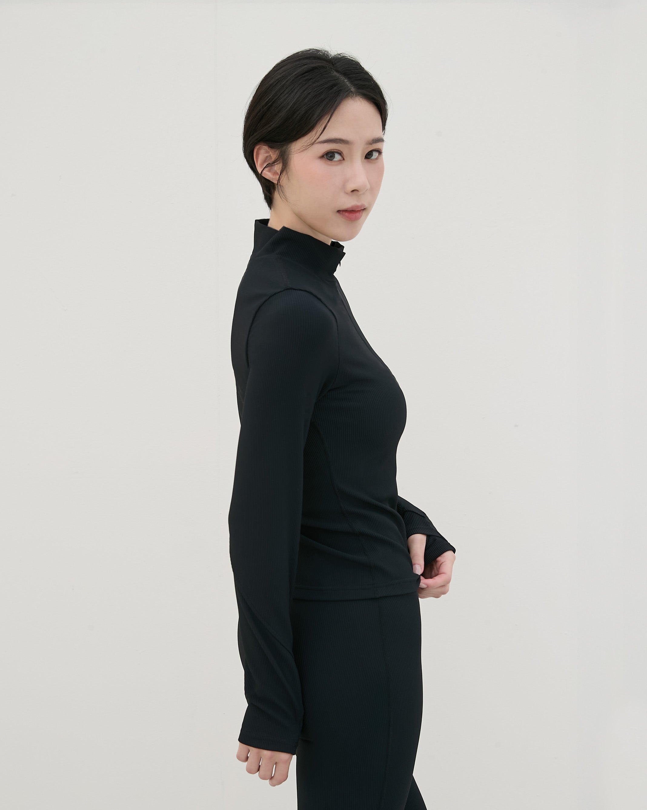 半拉鍊坑條長袖Bra Top