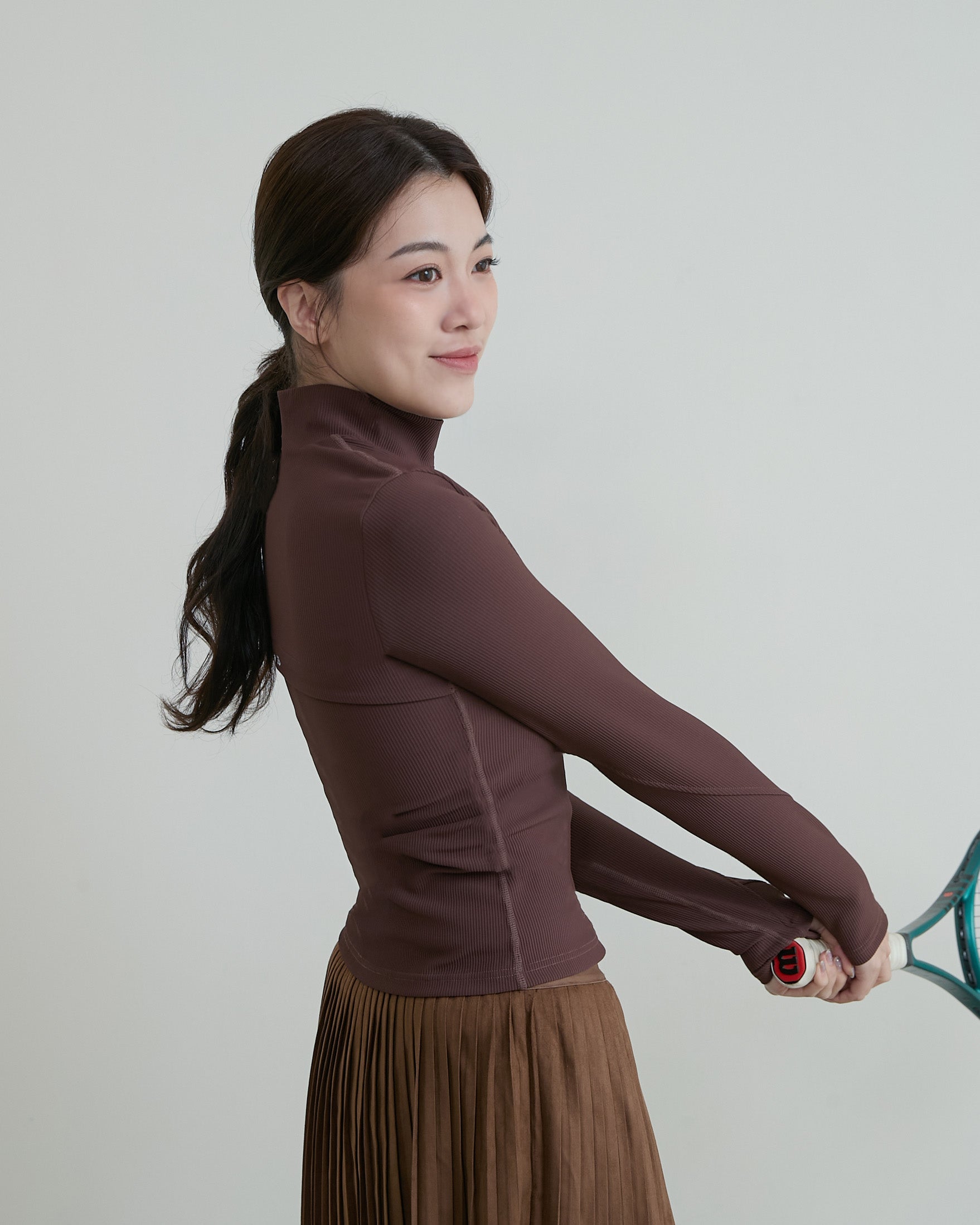 半拉鍊坑條長袖Bra Top