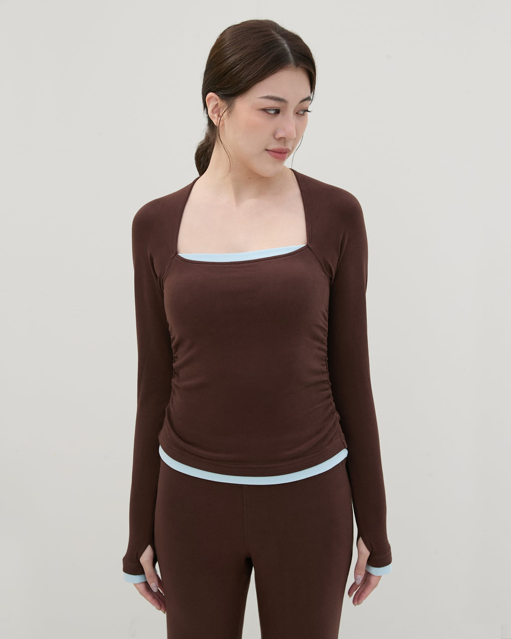 側抽皺撞色假兩件Bra Top