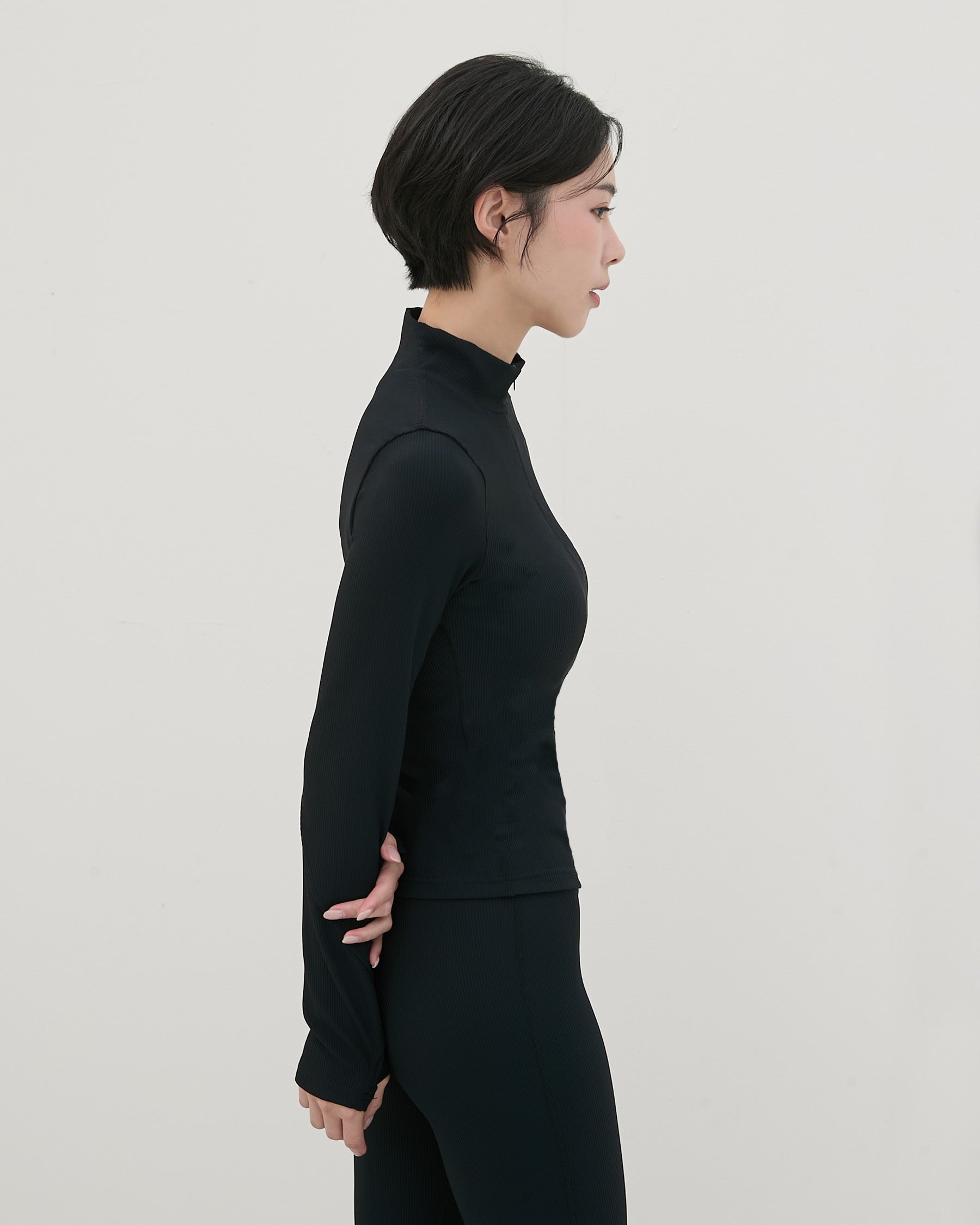 半拉鍊坑條長袖Bra Top