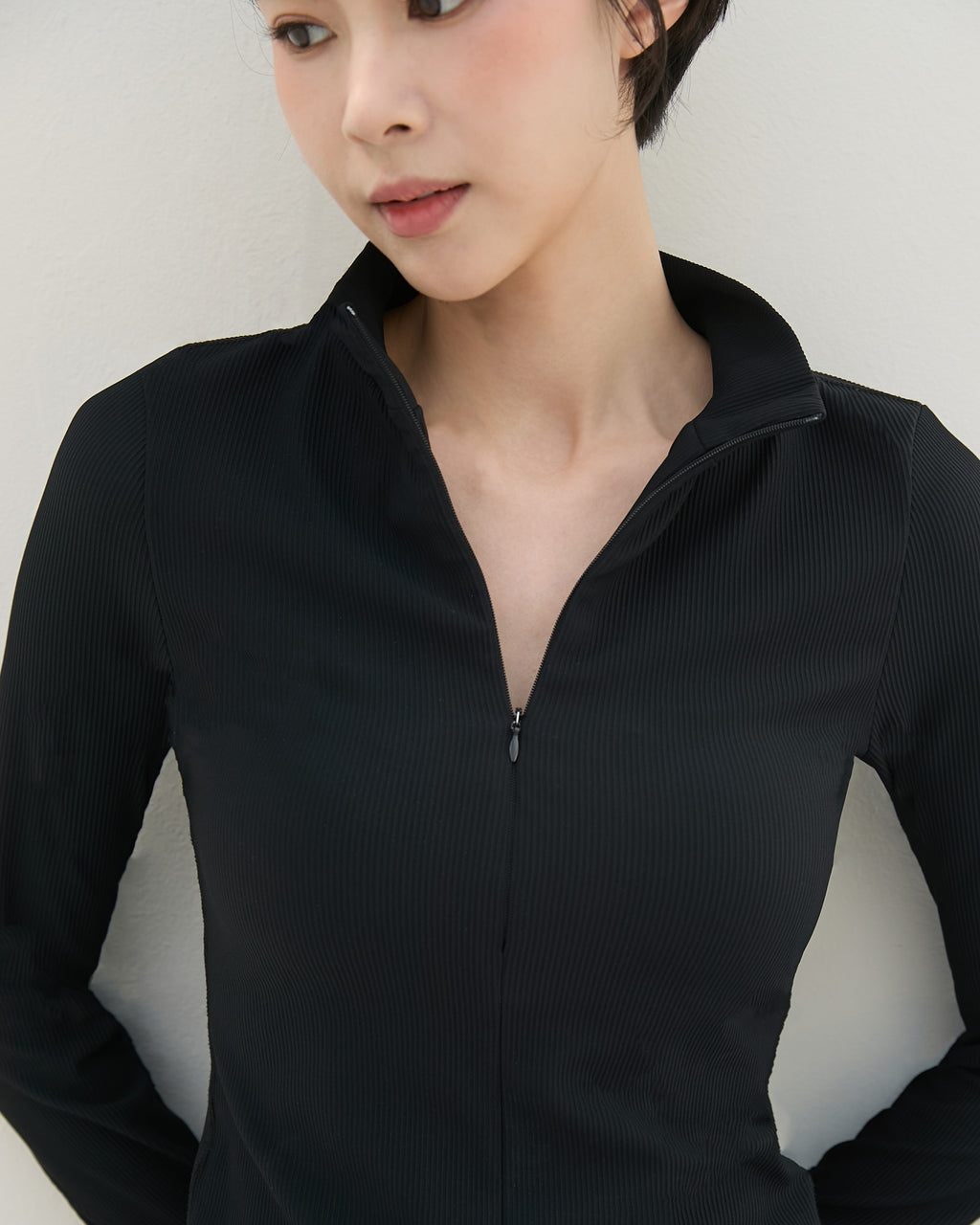 半拉鍊坑條長袖Bra Top