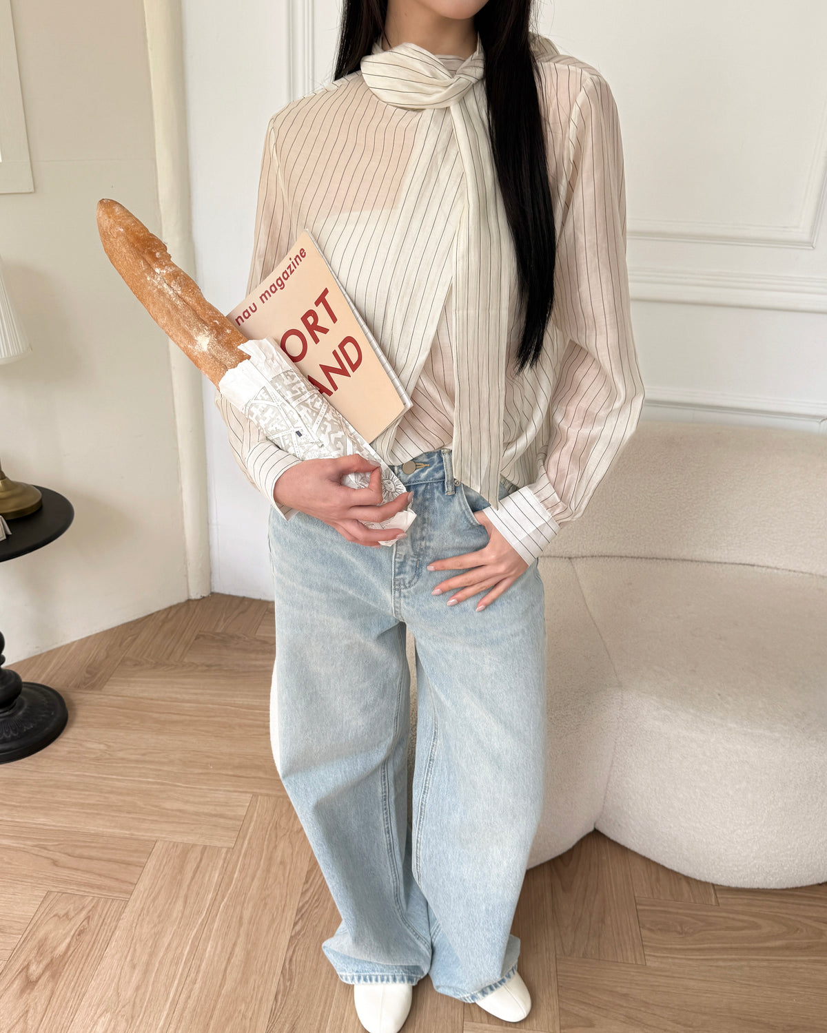 造型領直條紋上衣 #杏