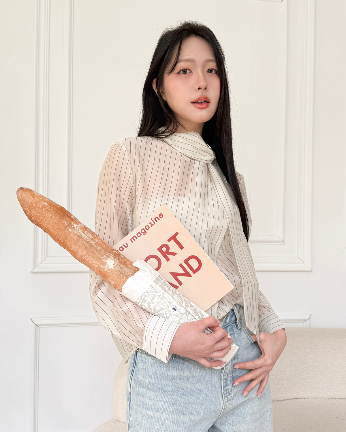 造型領直條紋上衣 #杏
