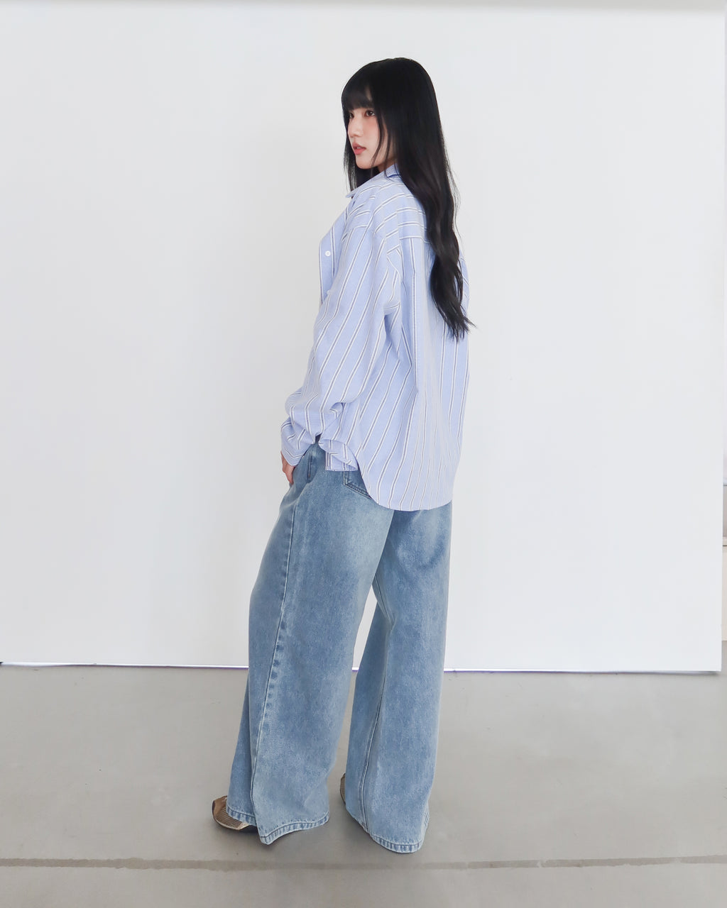 不易皺條紋襯衫 #藍