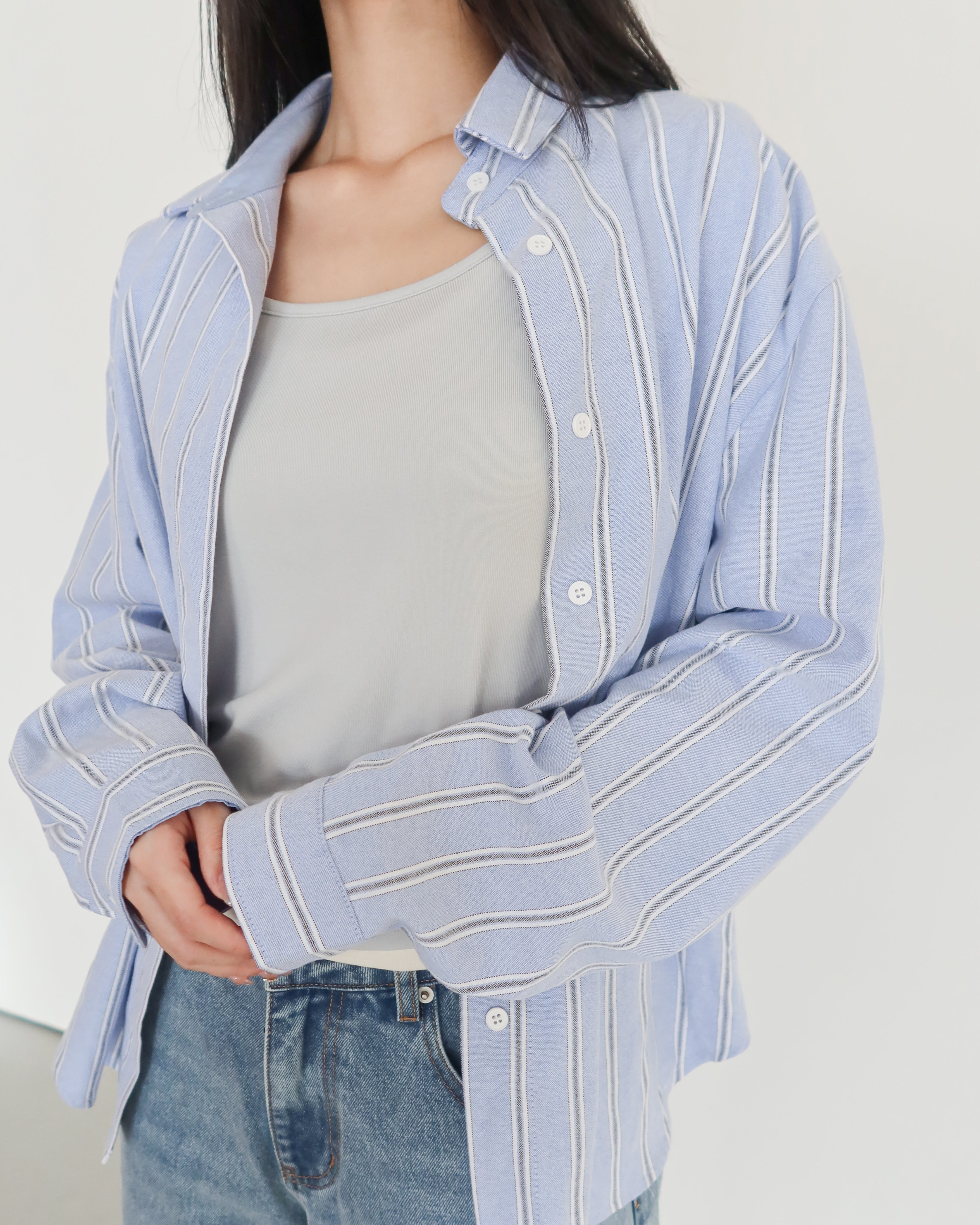不易皺條紋襯衫 #藍