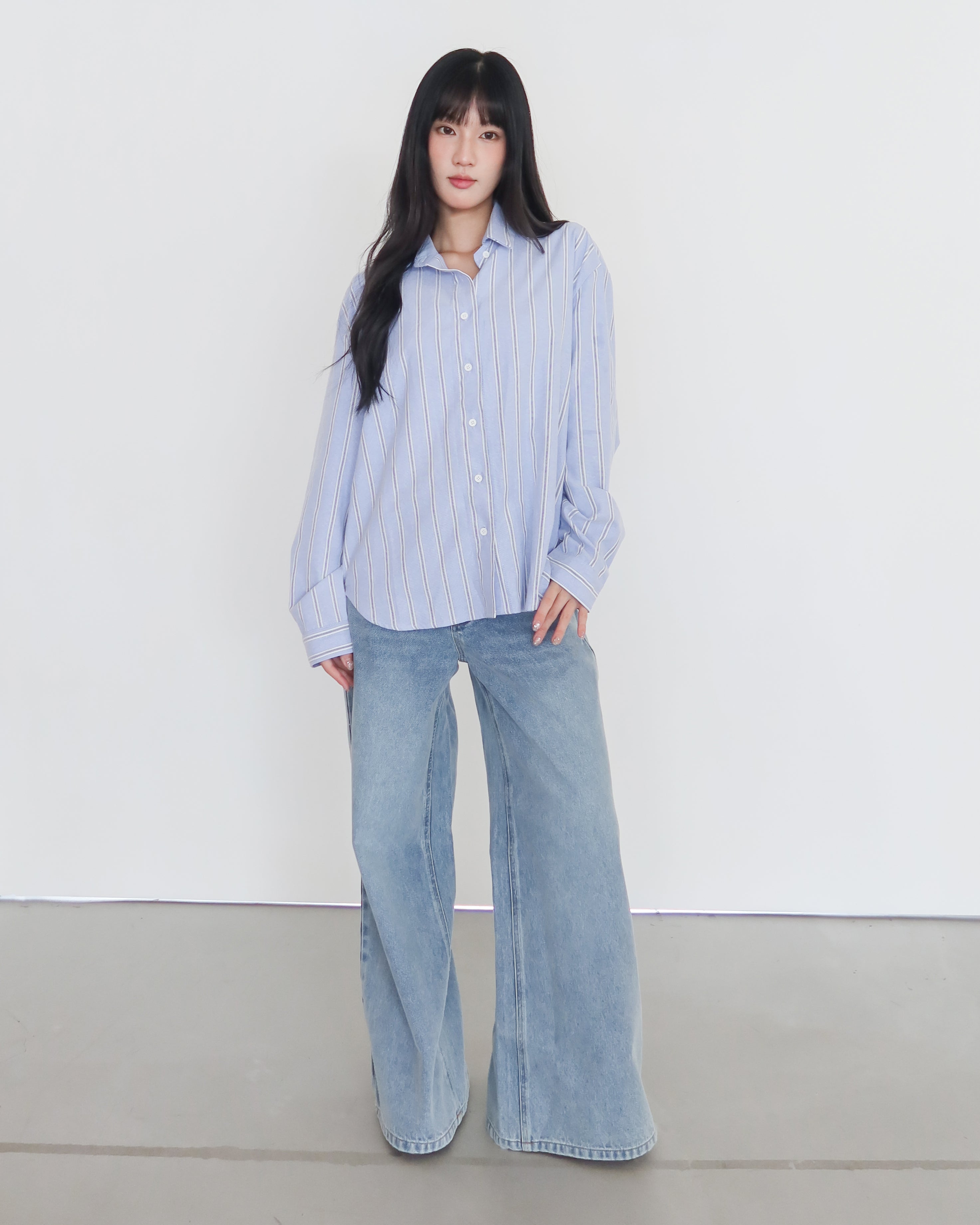 不易皺條紋襯衫 #藍