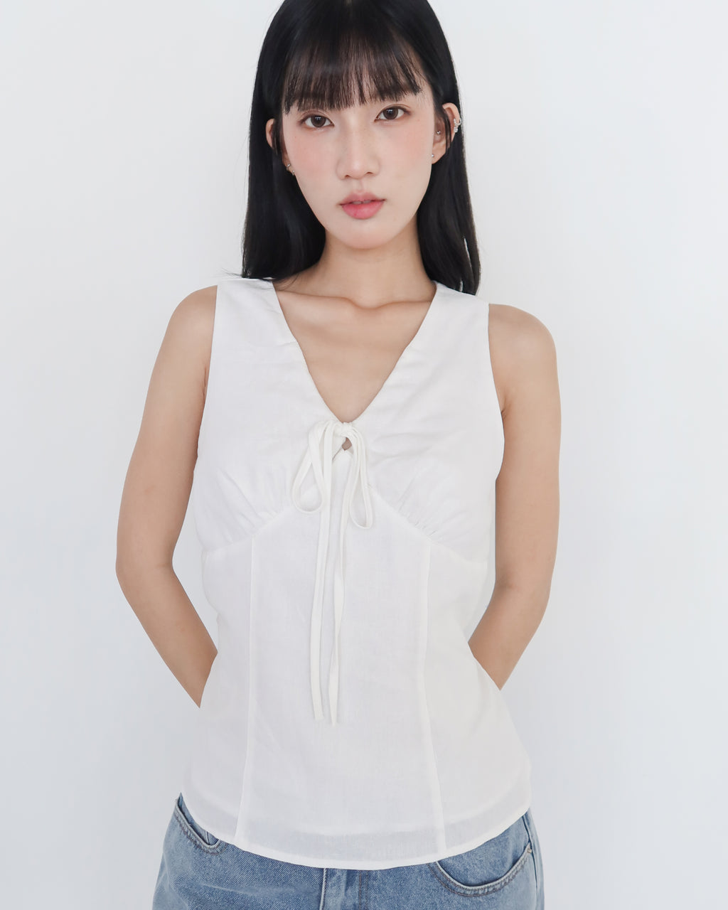 氣質V領綁帶無袖上衣 #白