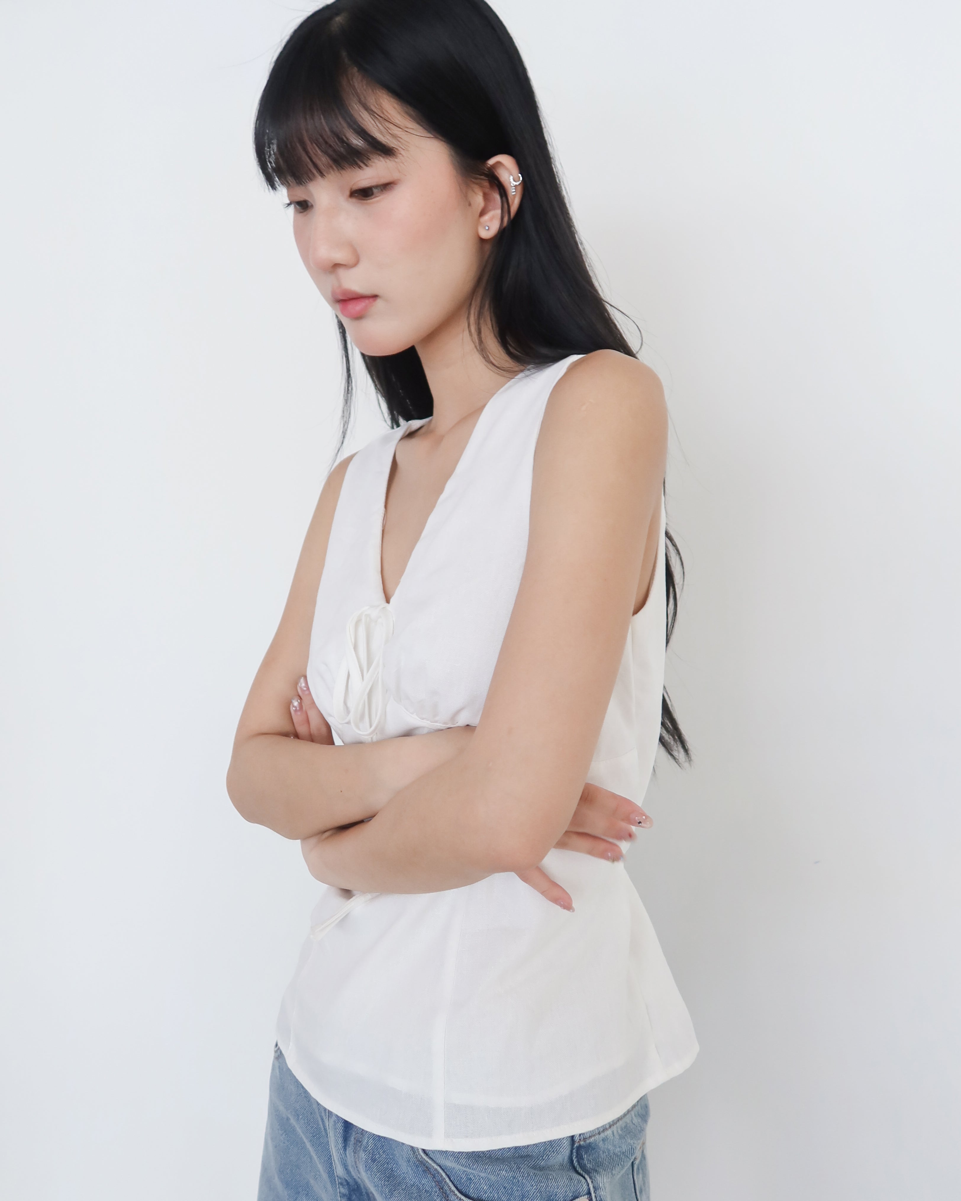 氣質V領綁帶無袖上衣 #白