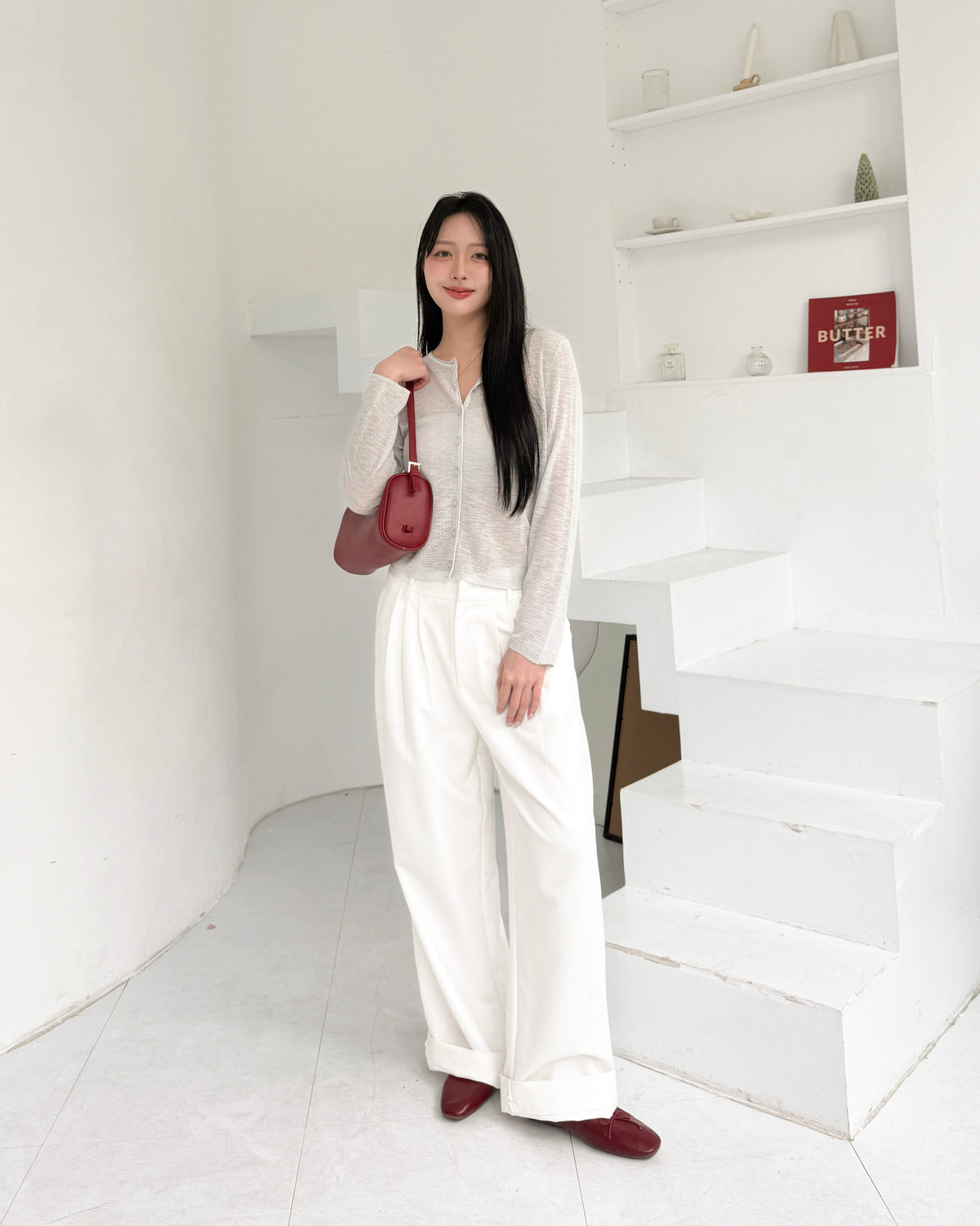 微透肌理針織開襟上衣 #淺灰