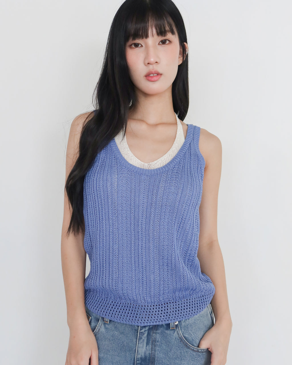 撞色假兩件針織背心 #藍