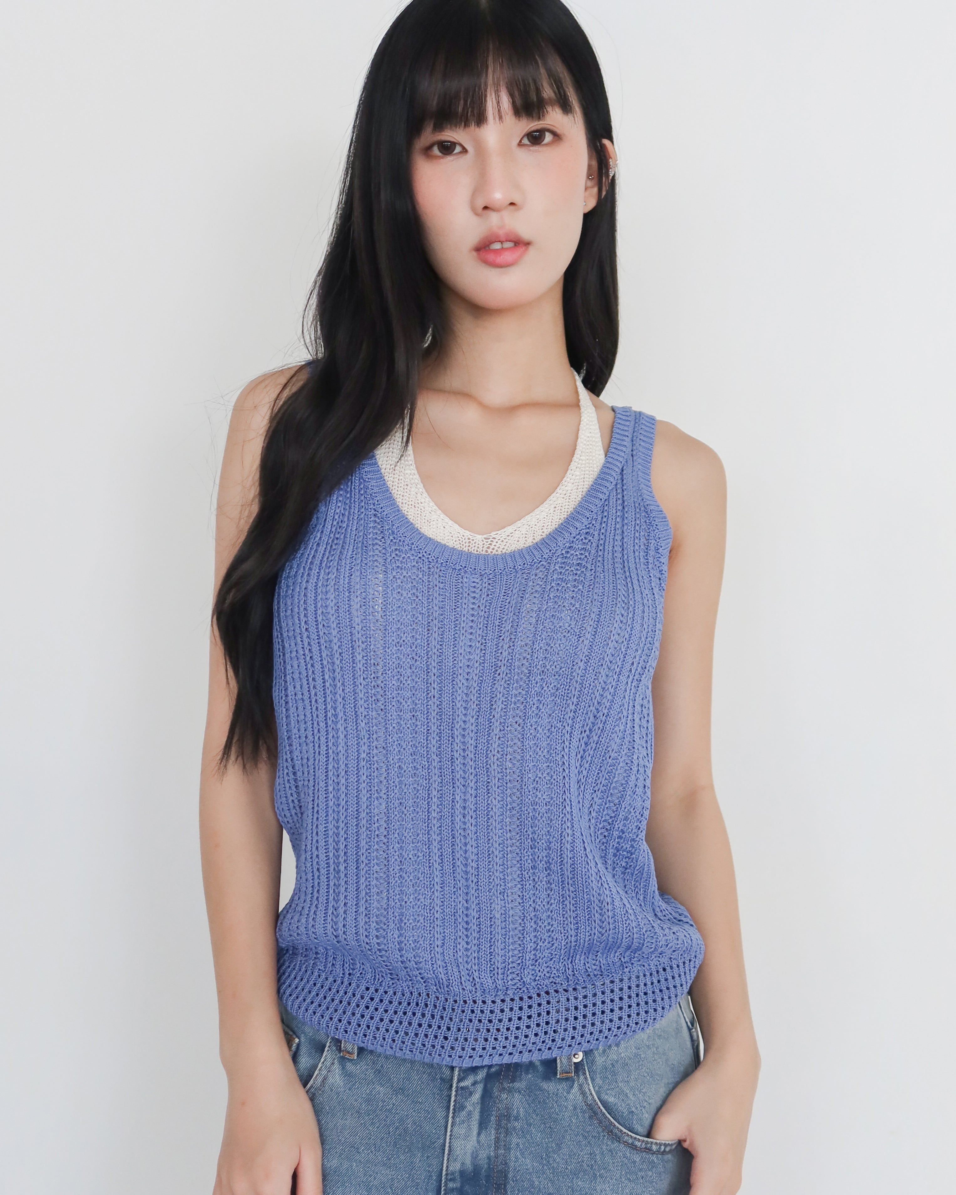 撞色假兩件針織背心 #藍