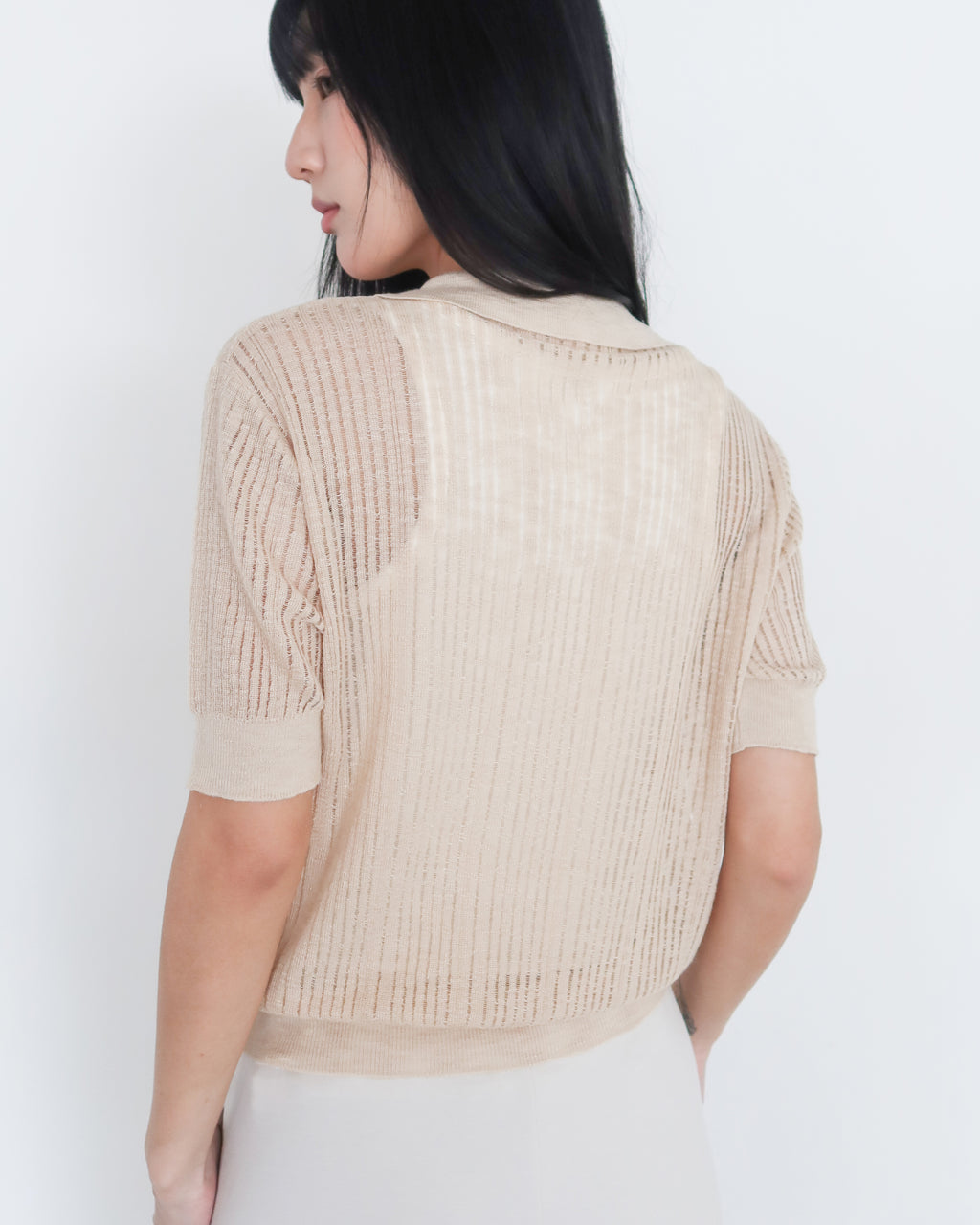 韓系透膚針織短袖上衣  - 杏
