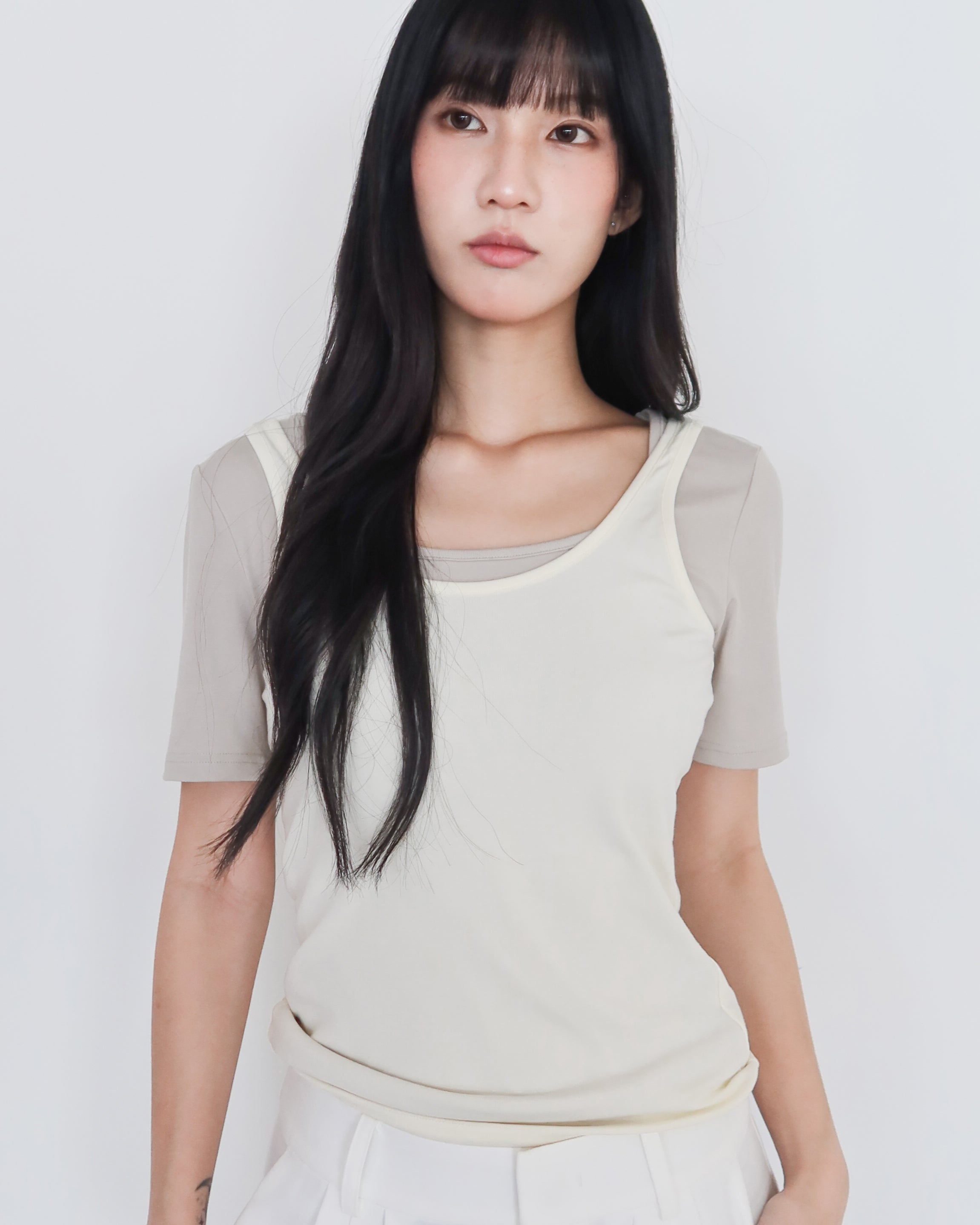 造型疊搭兩件式上衣 #杏色