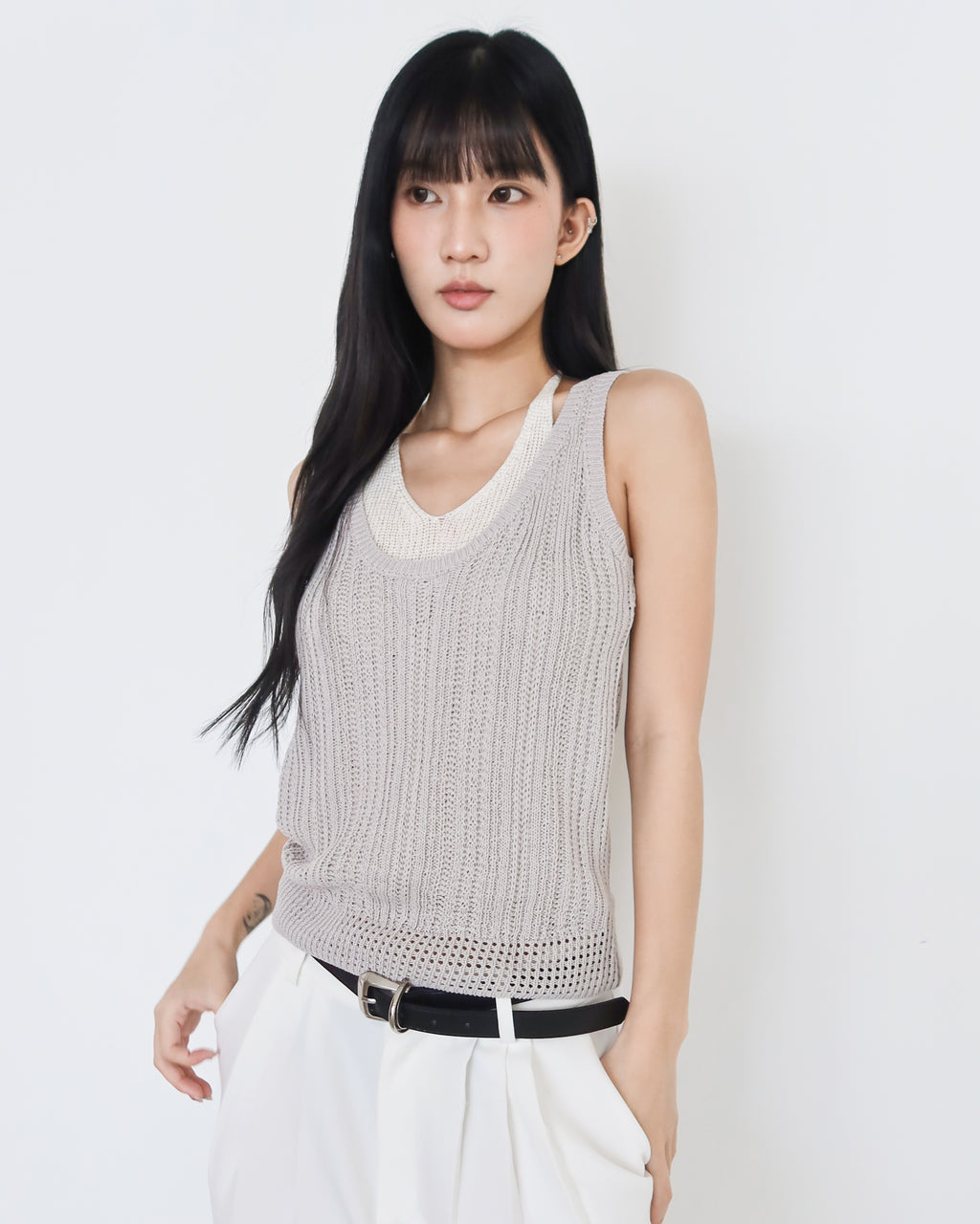 撞色假兩件針織背心 #灰