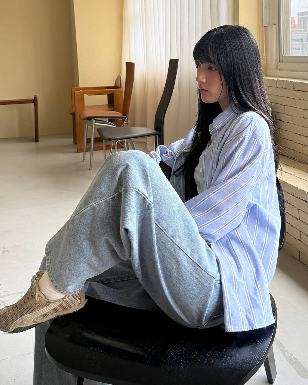 不易皺條紋襯衫 #藍