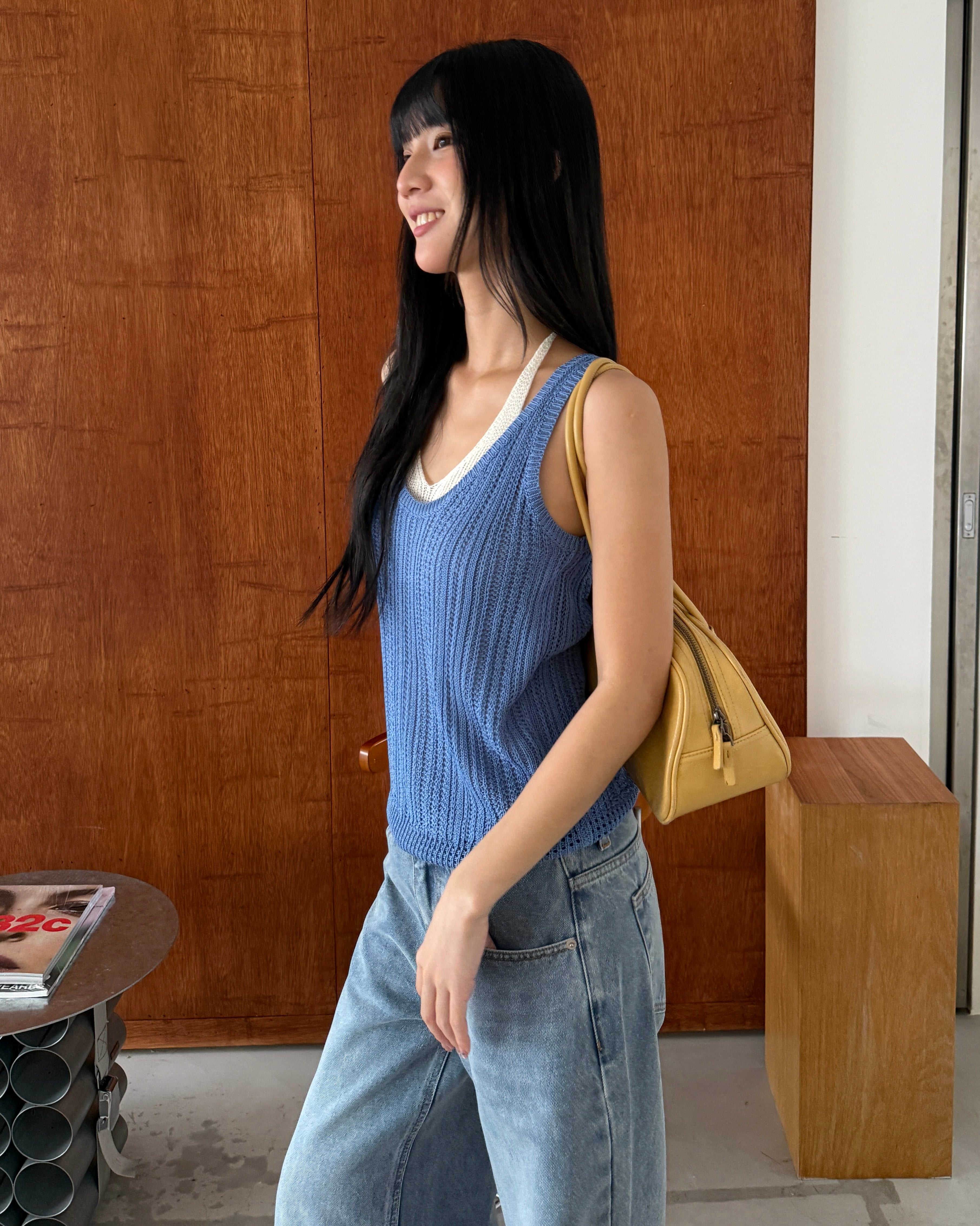 撞色假兩件針織背心 #藍