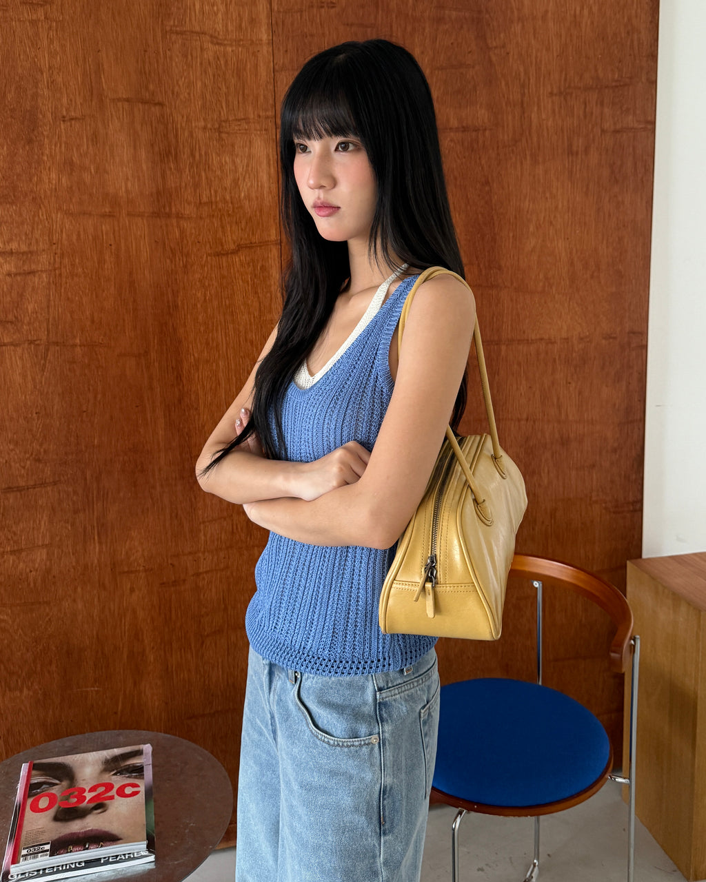 撞色假兩件針織背心 #藍