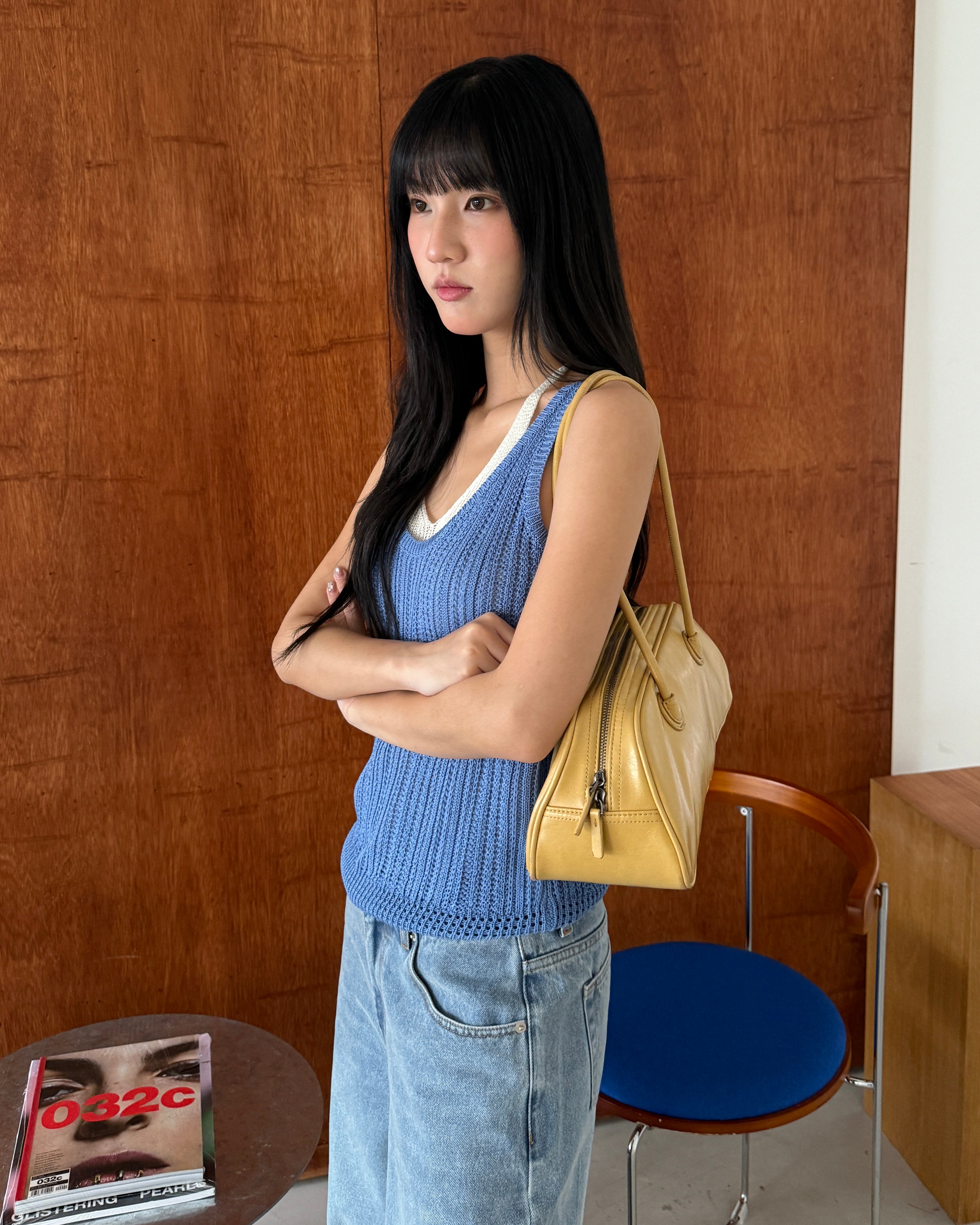 撞色假兩件針織背心 #藍