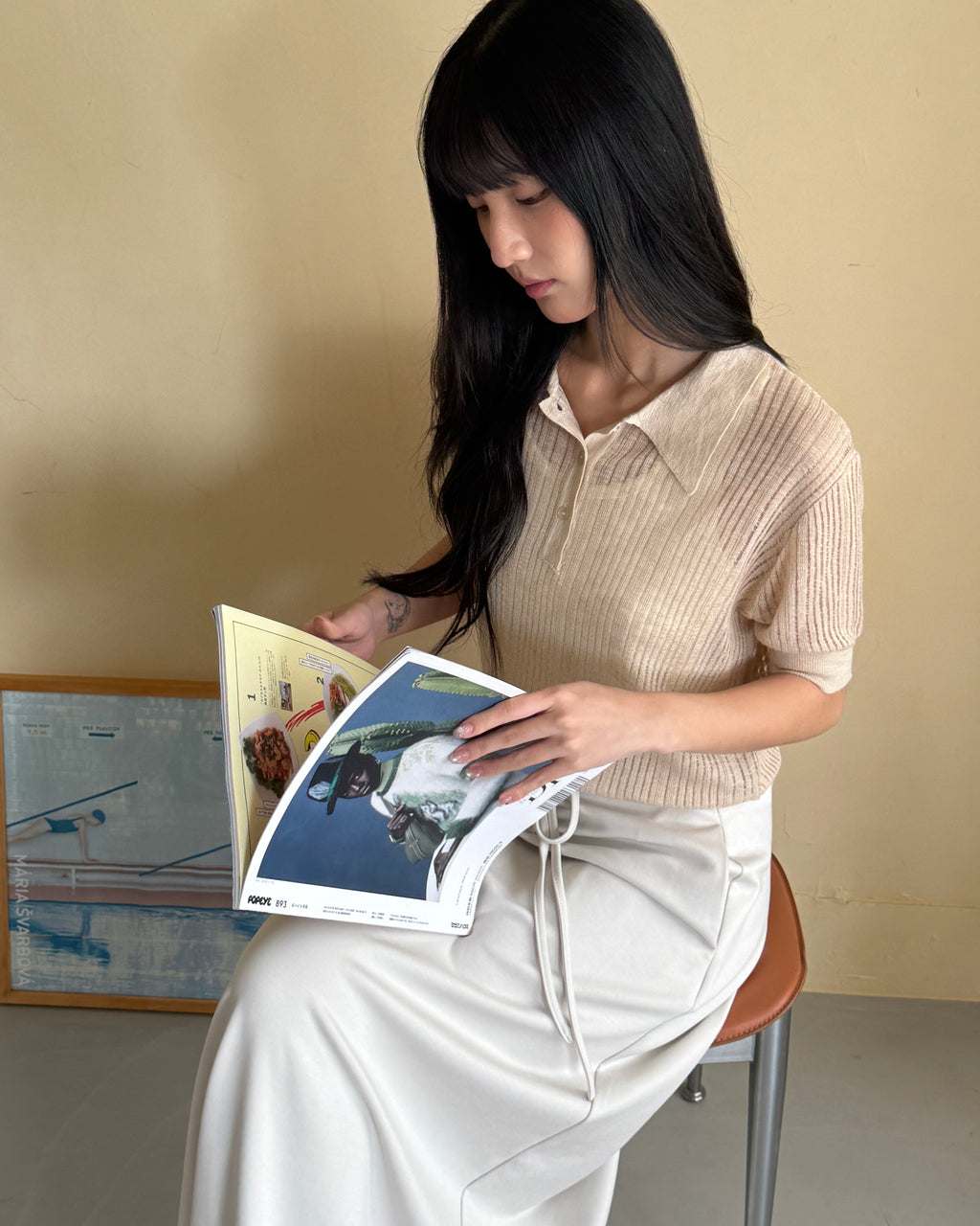 韓系透膚針織短袖上衣  - 杏