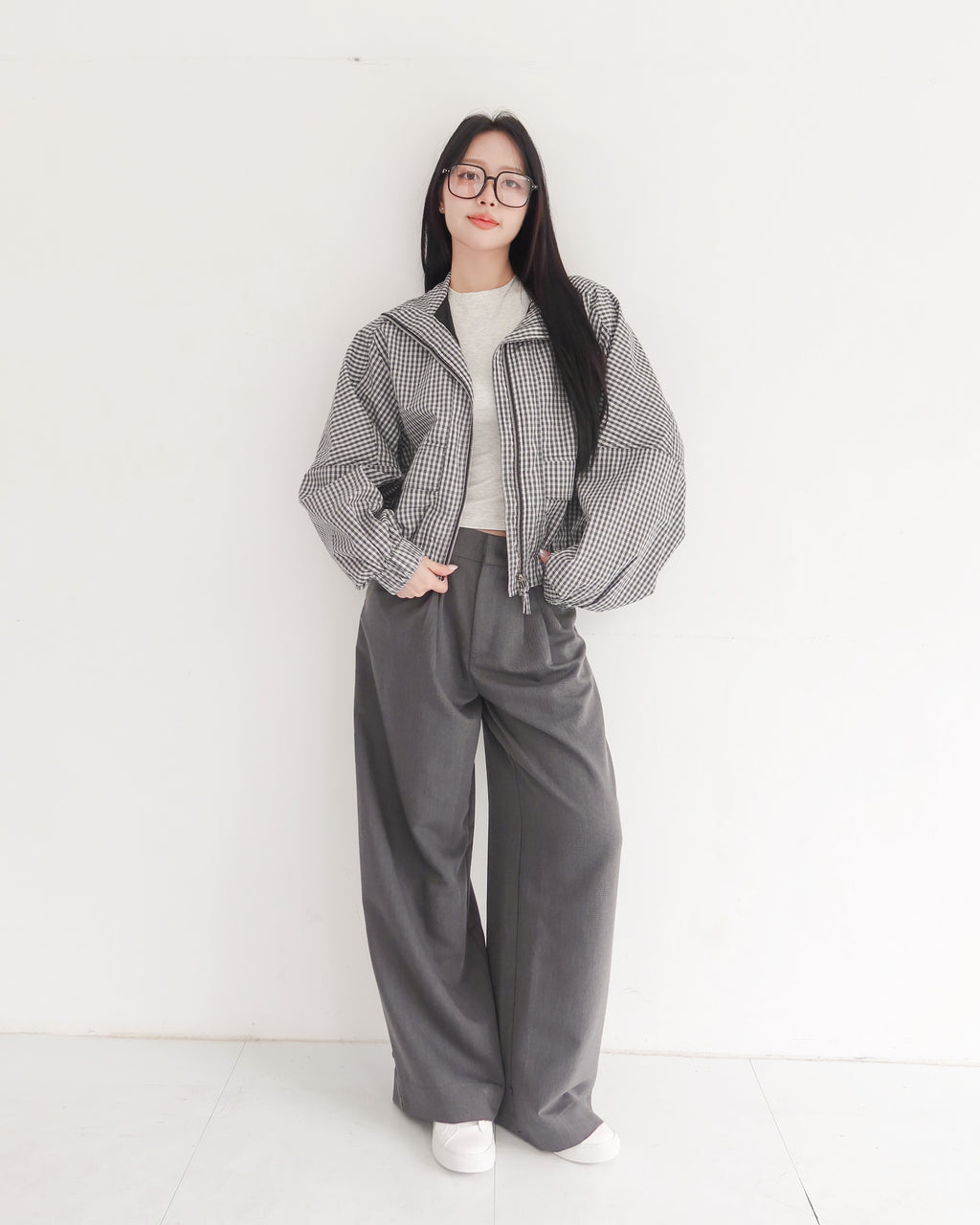 率性格紋雙向拉鍊外套 #黑白格