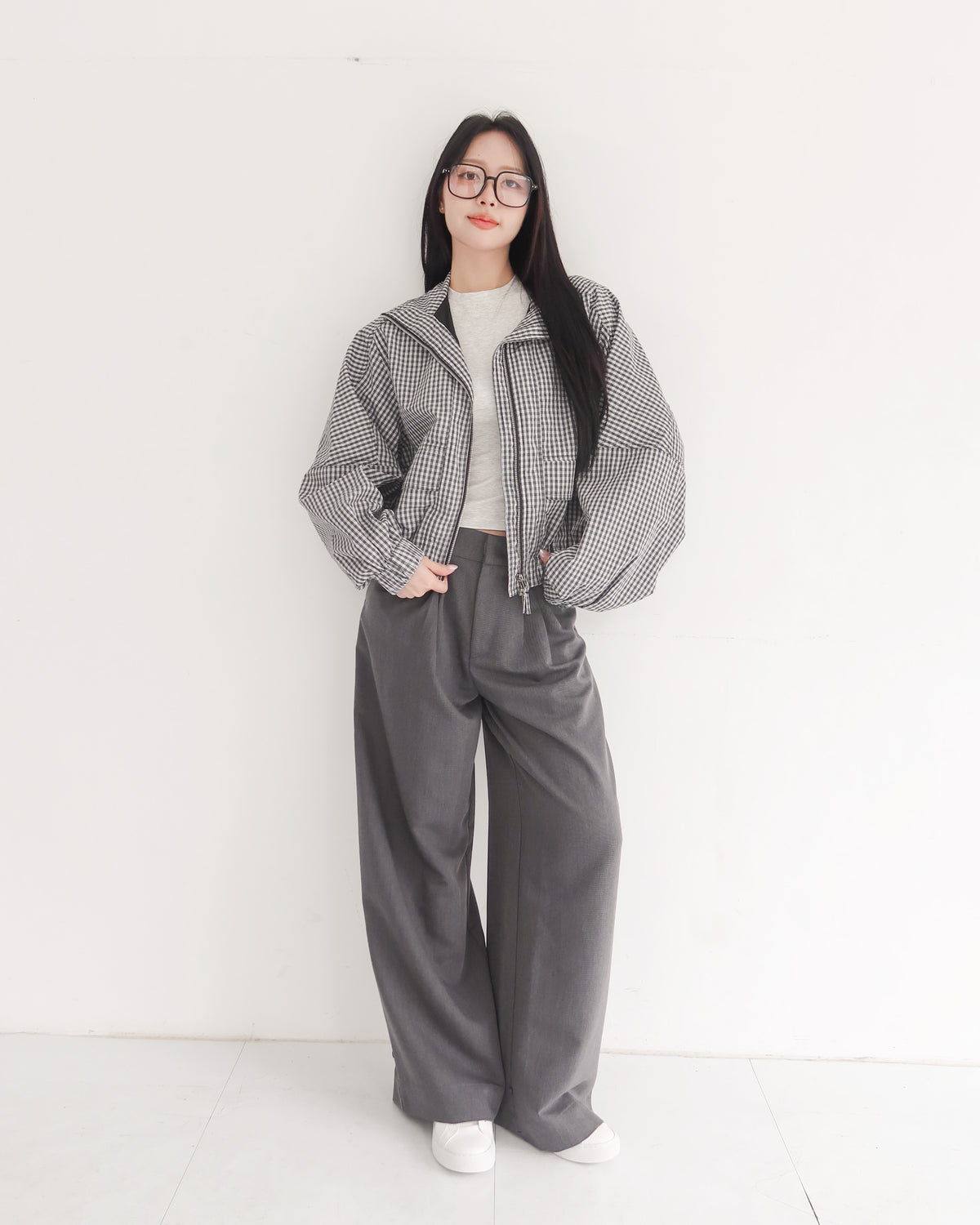 率性格紋雙向拉鍊外套 #黑白格