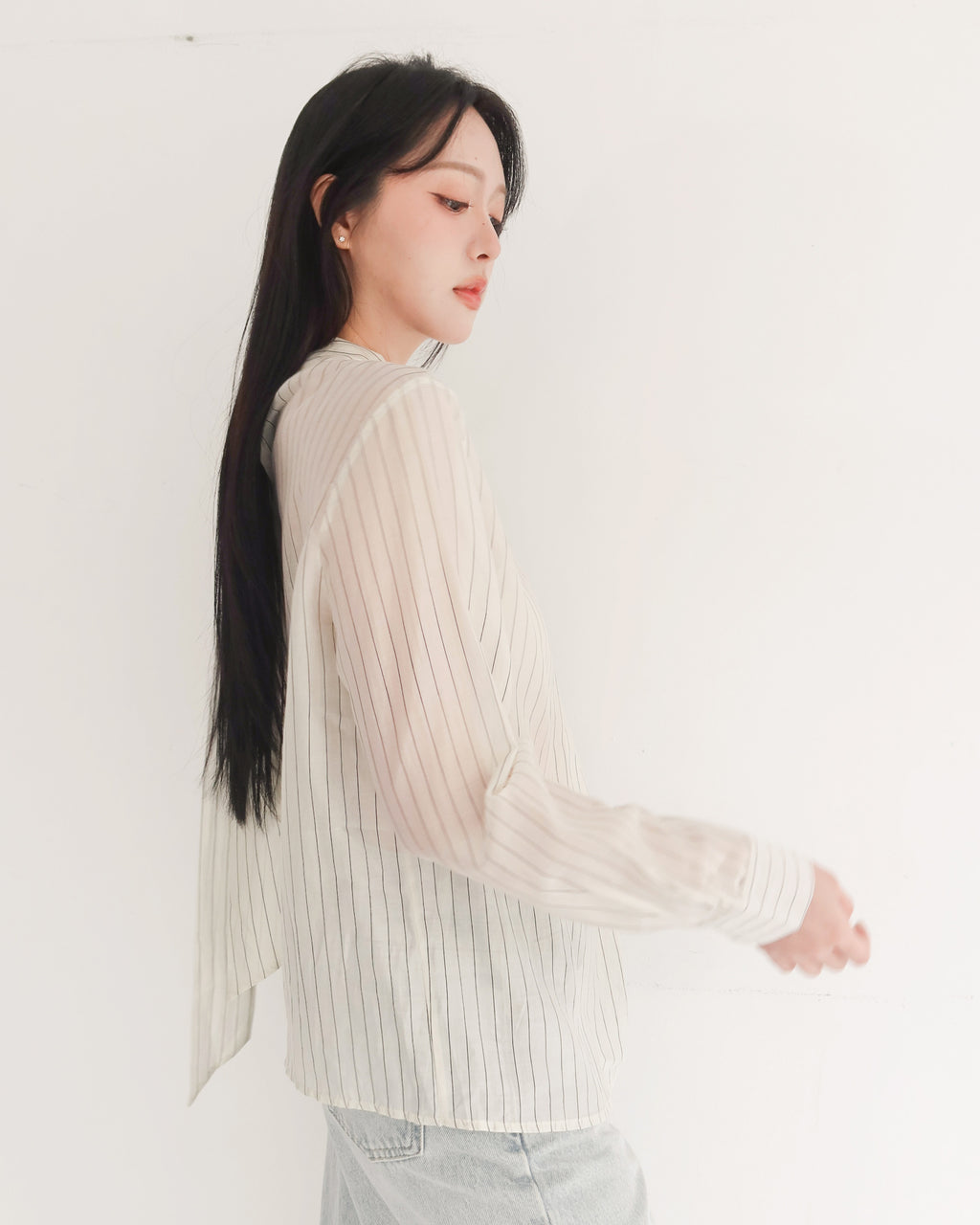 造型領直條紋上衣 #杏