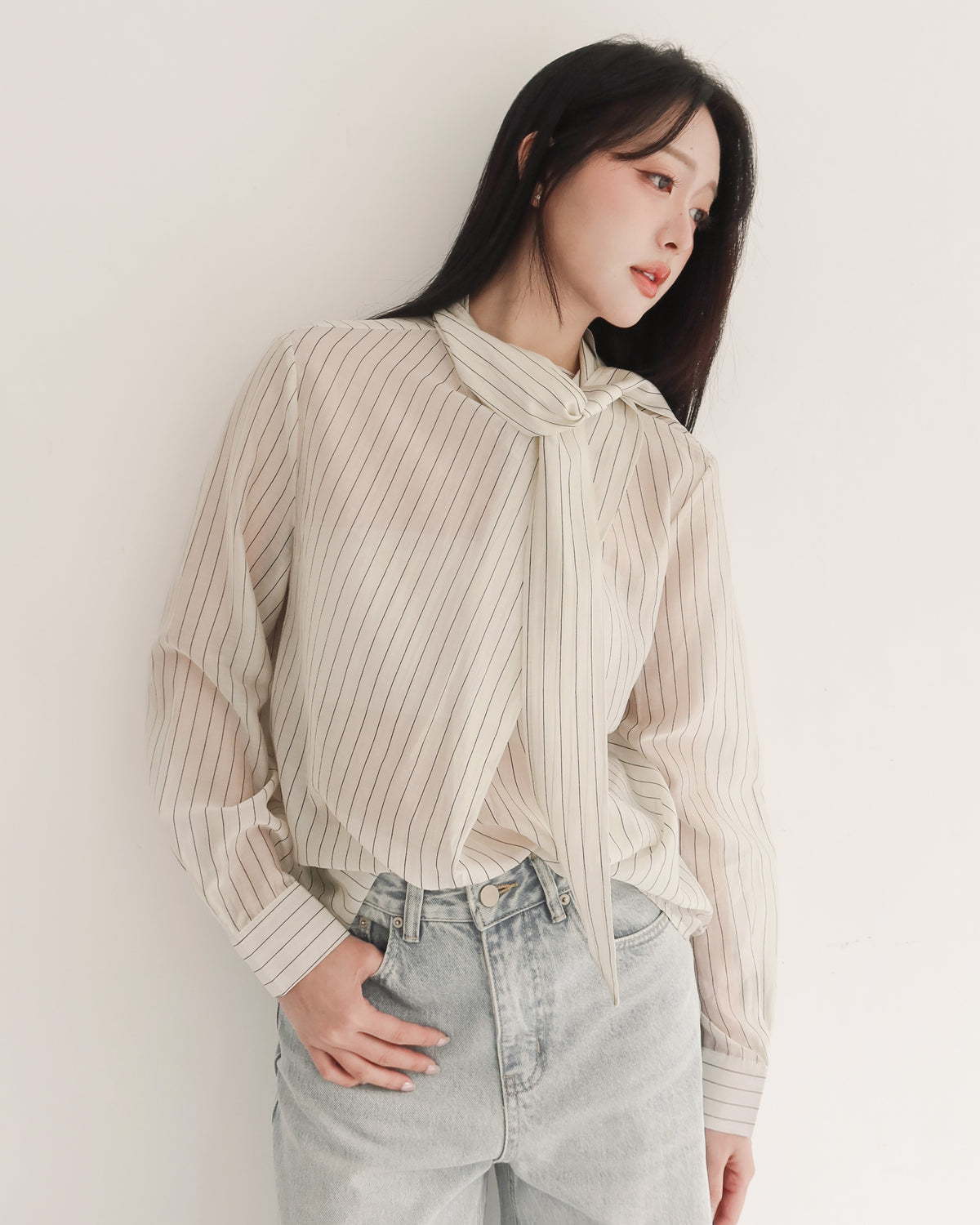 造型領直條紋上衣 #杏