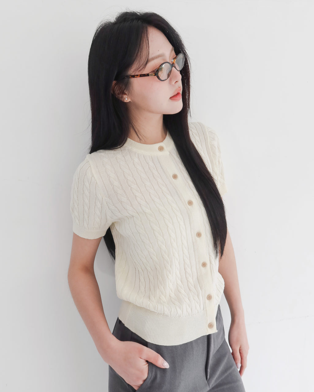 配色麻花針織開襟上衣 #杏