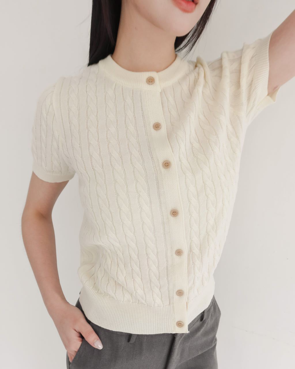 配色麻花針織開襟上衣 #杏