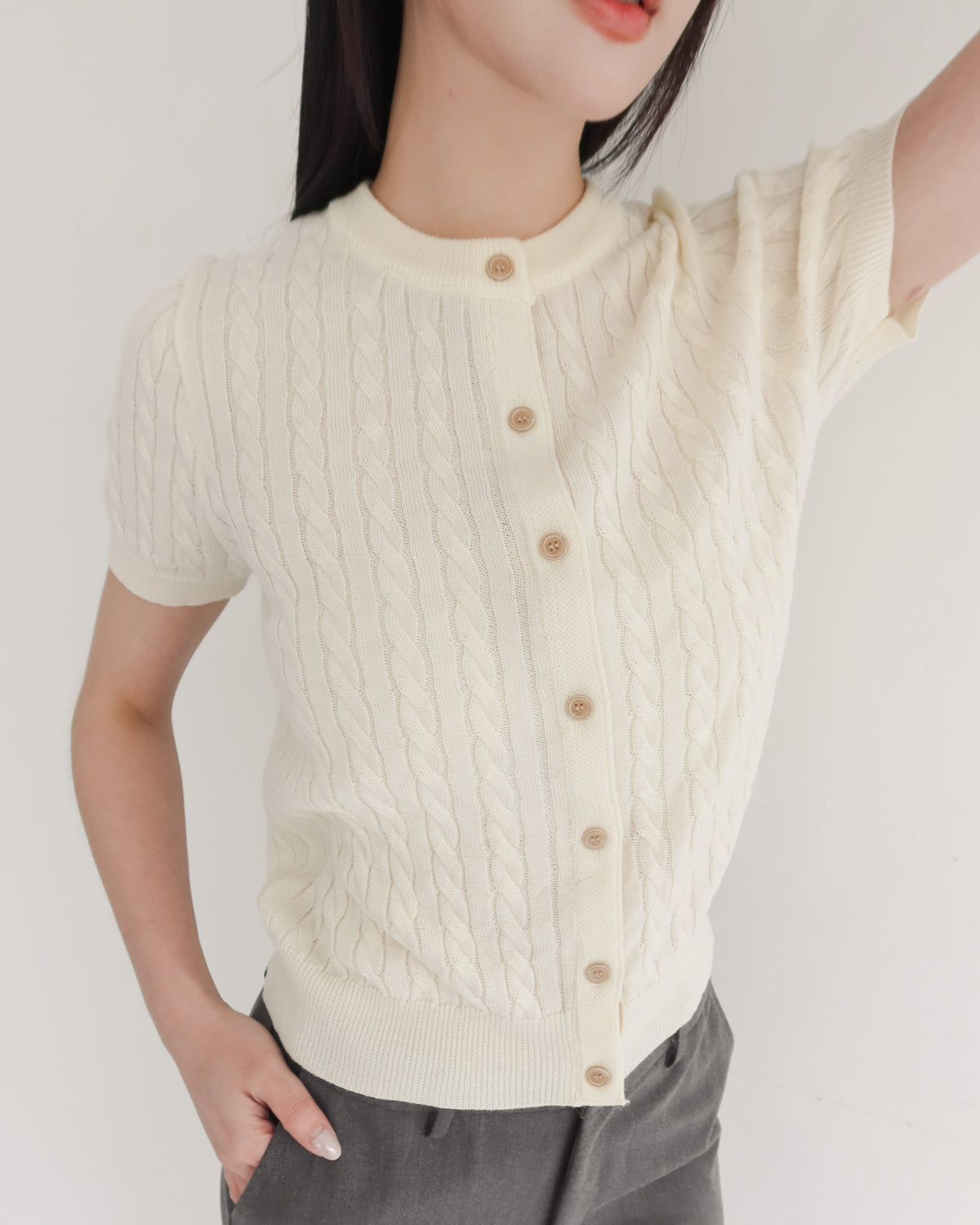 配色麻花針織開襟上衣 #杏