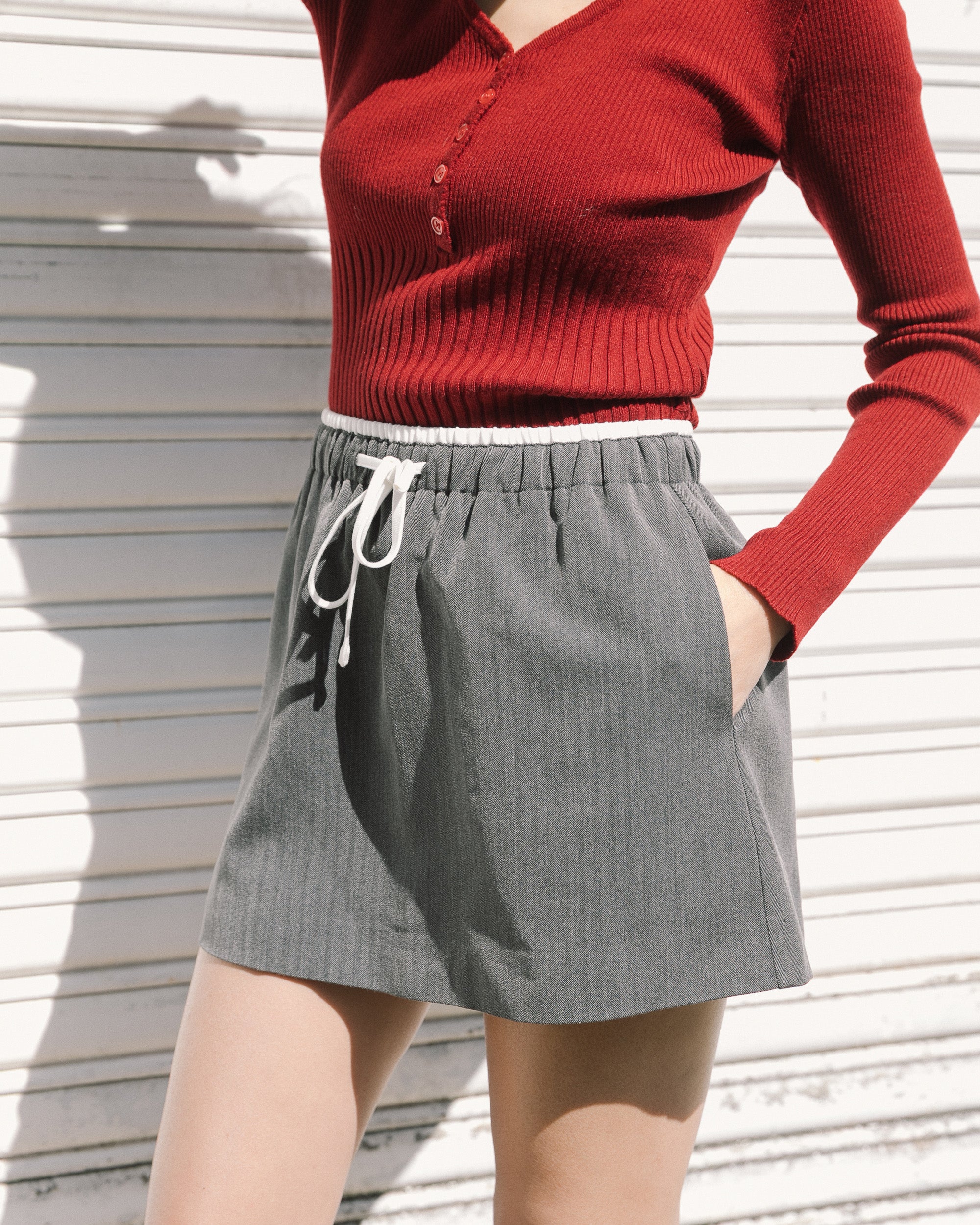 雙腰頭抽繩西裝短裙