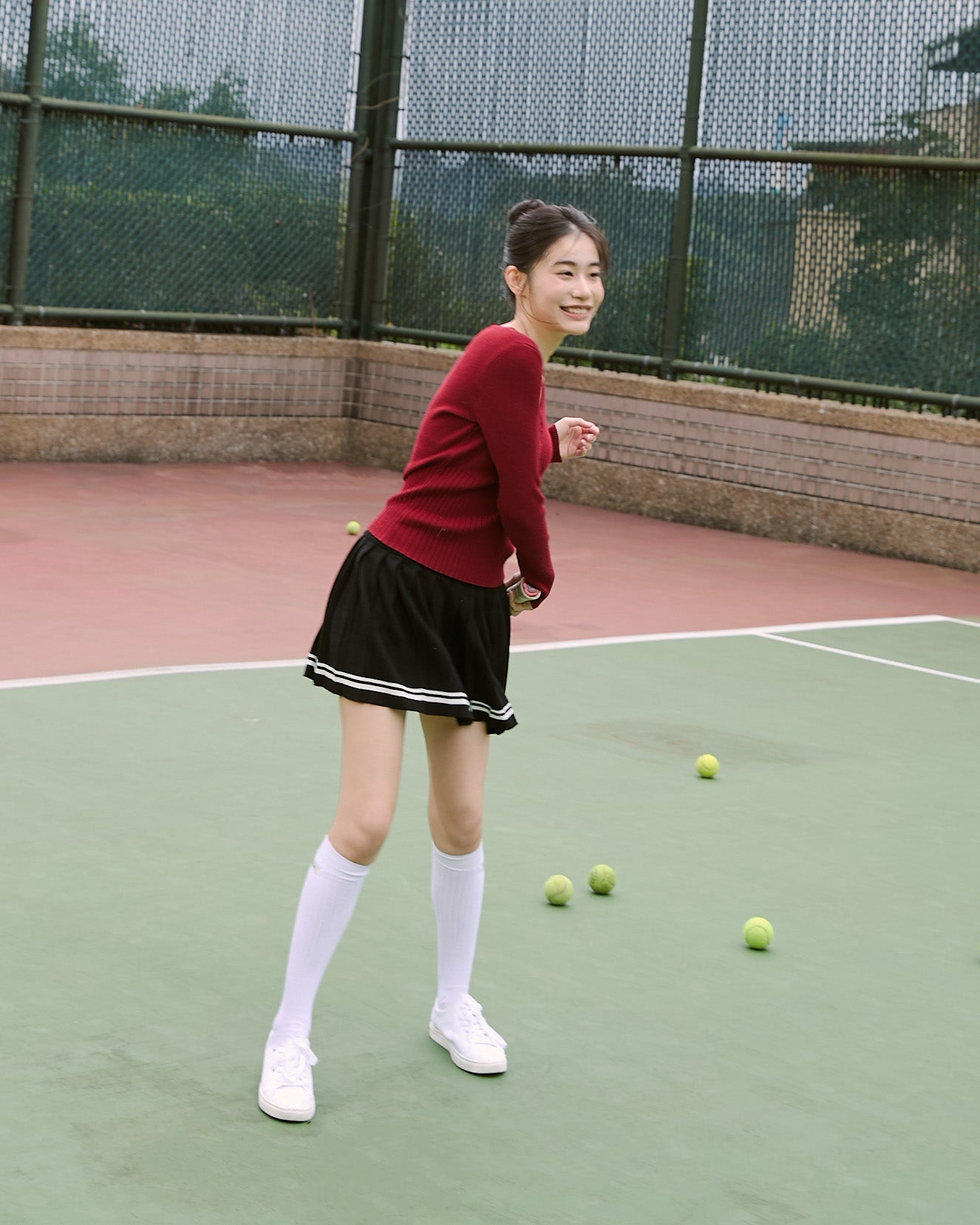 撞色針織百褶短裙(附打底褲)
