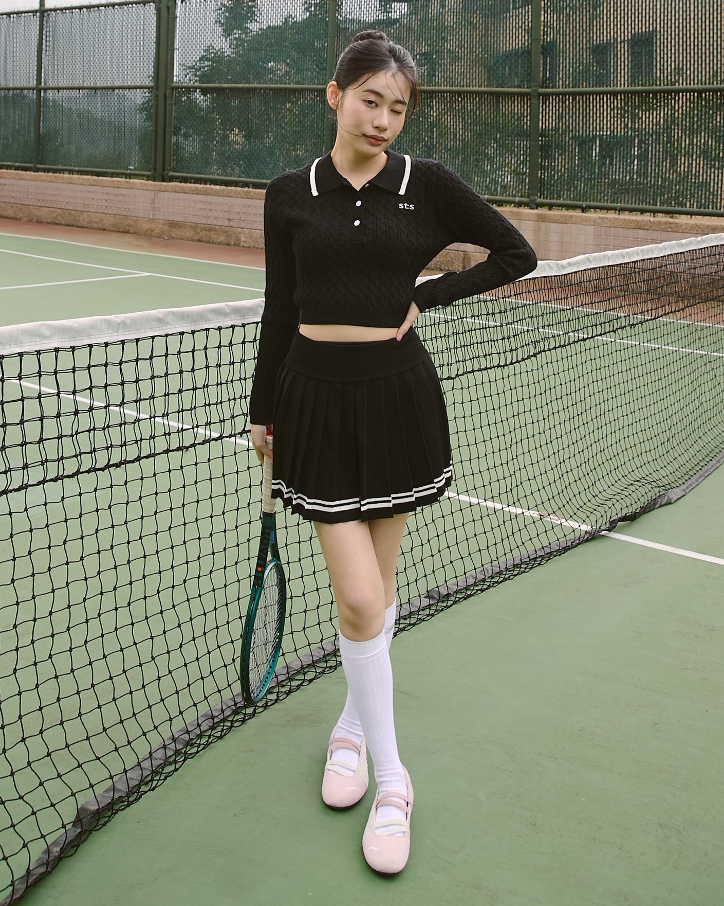 撞色針織百褶短裙(附打底褲)