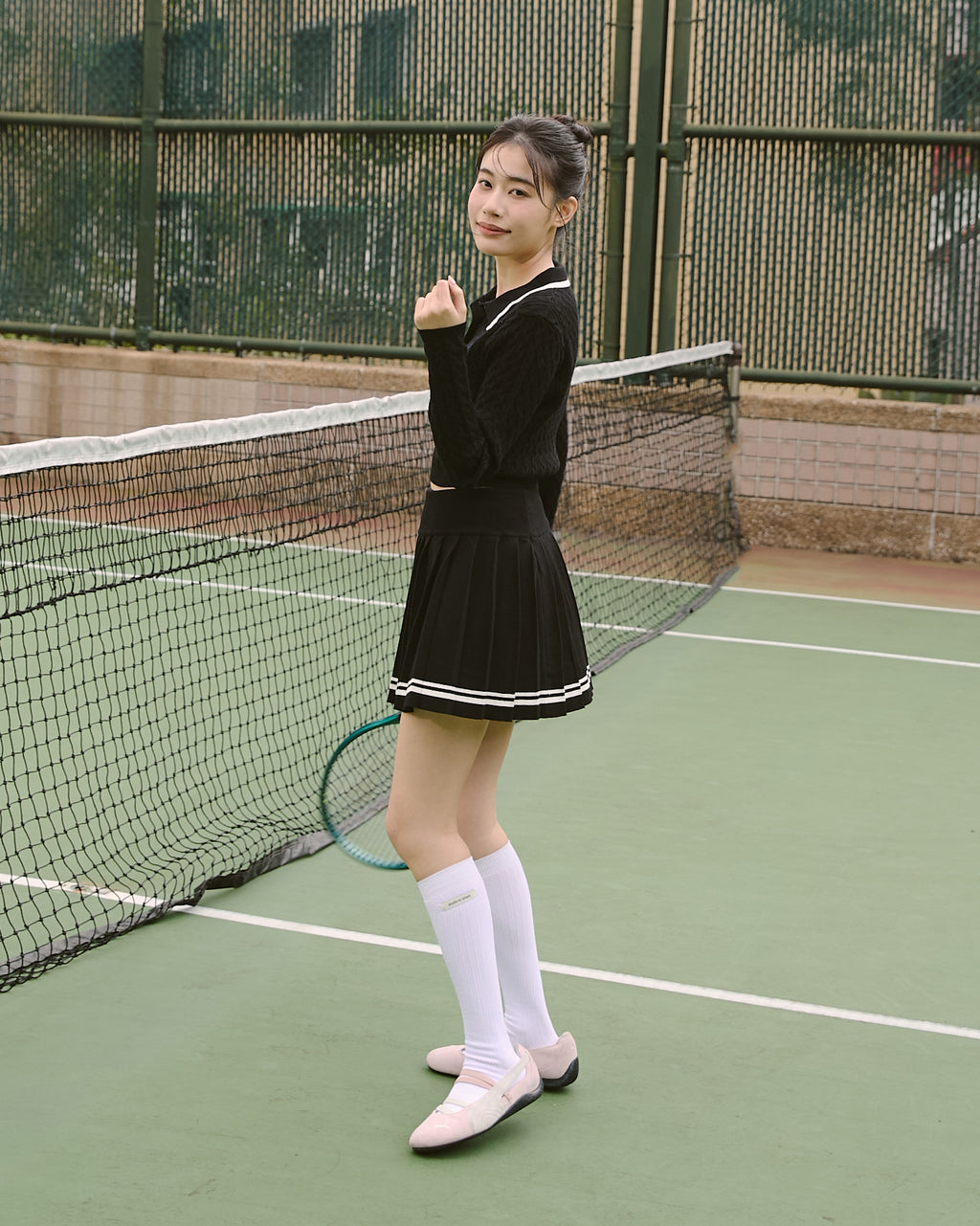 撞色針織百褶短裙(附打底褲)