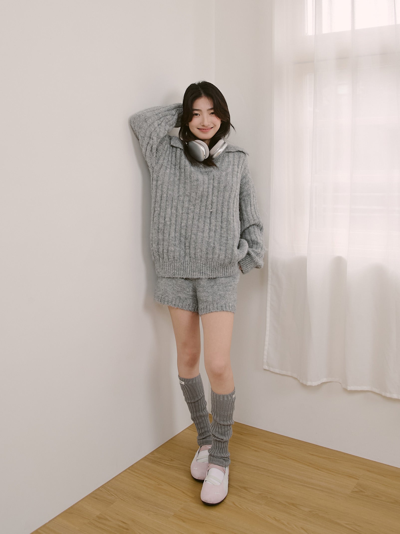 坑條翻領針織上衣