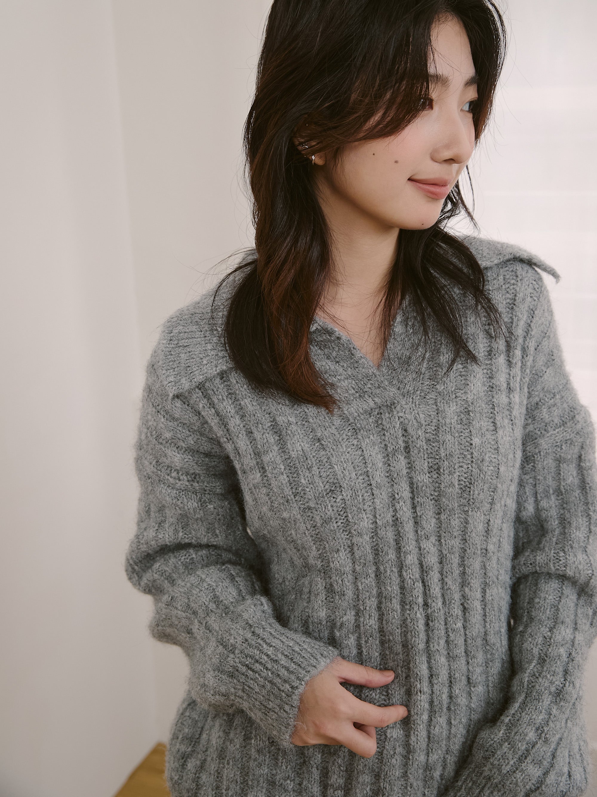 坑條翻領針織上衣