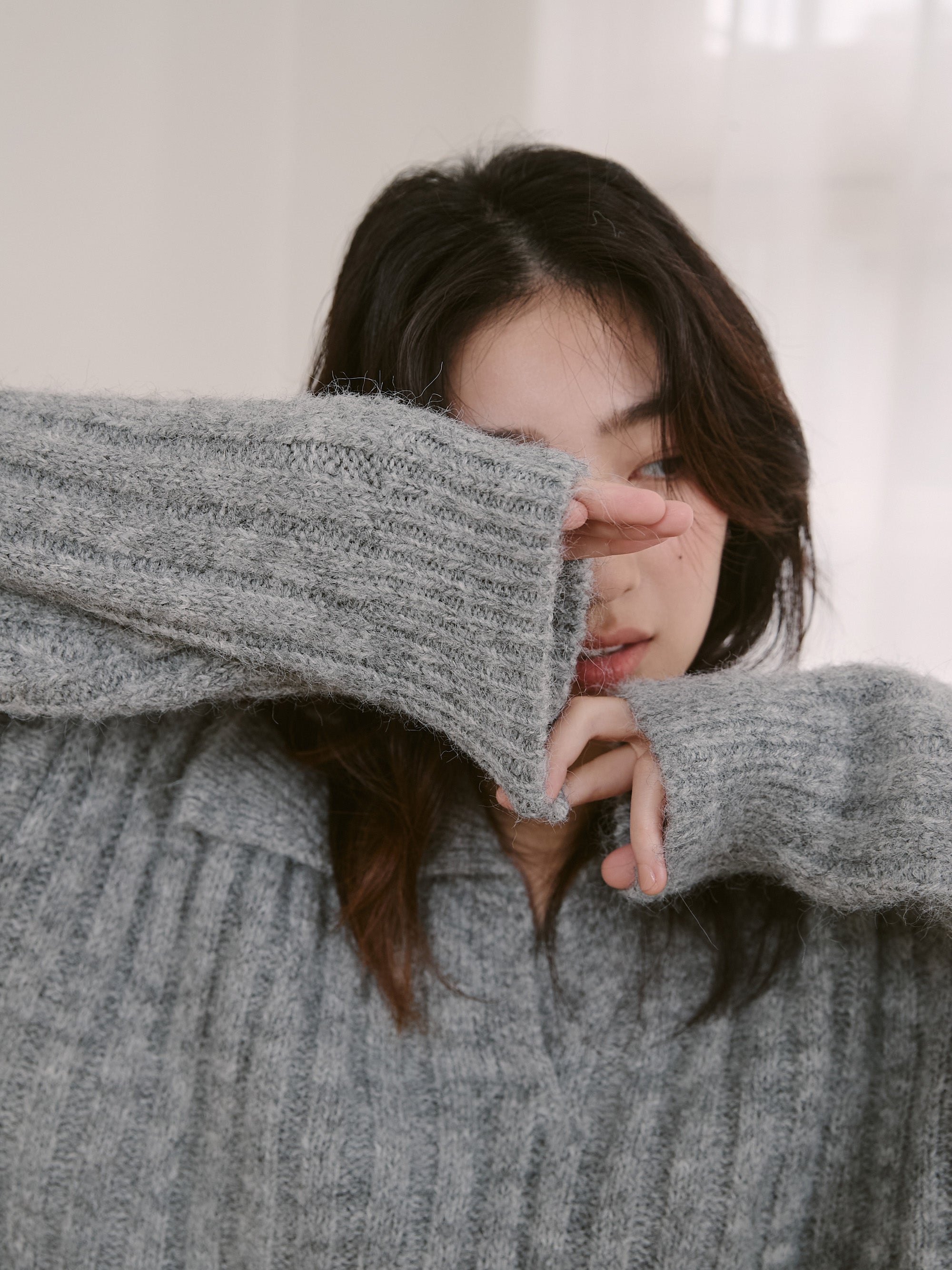 坑條翻領針織上衣