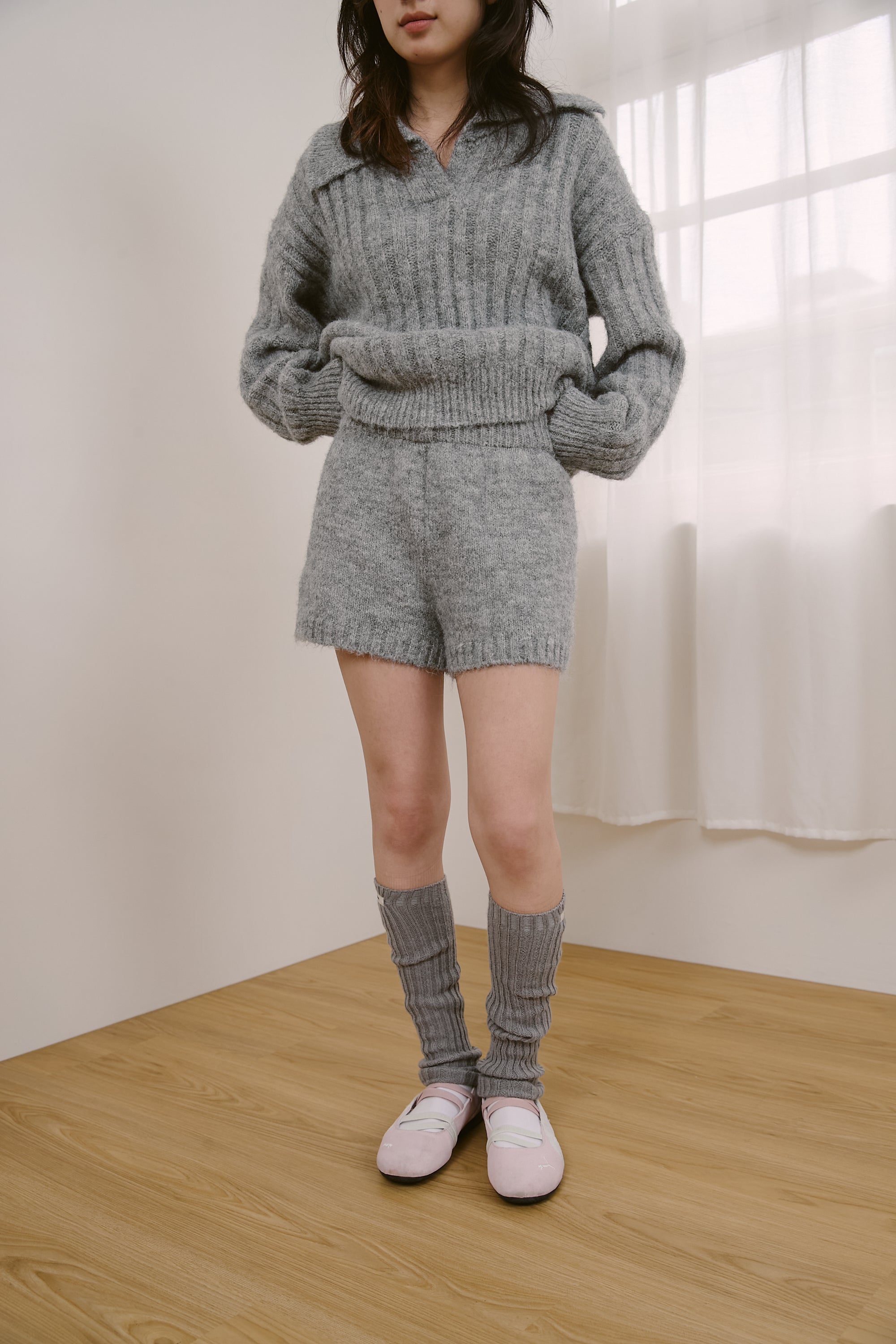 坑條翻領針織上衣