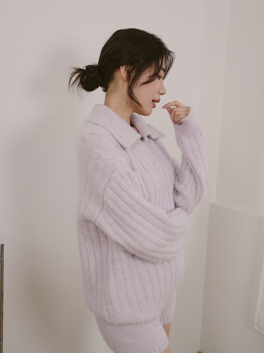 坑條翻領針織上衣